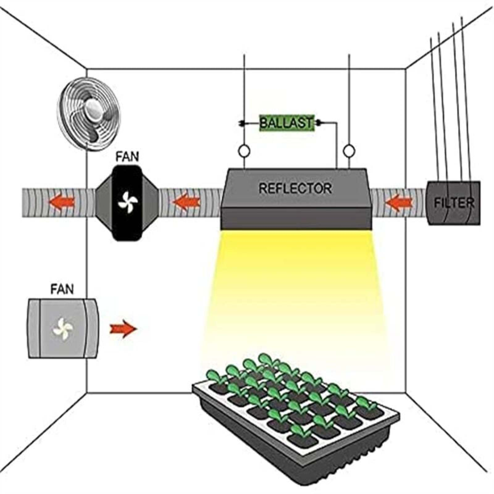 Grow-Zelt-Aufbau: Lüfter, Vorschaltgerät, Reflektorlampe über Anzuchtschale, Filter.