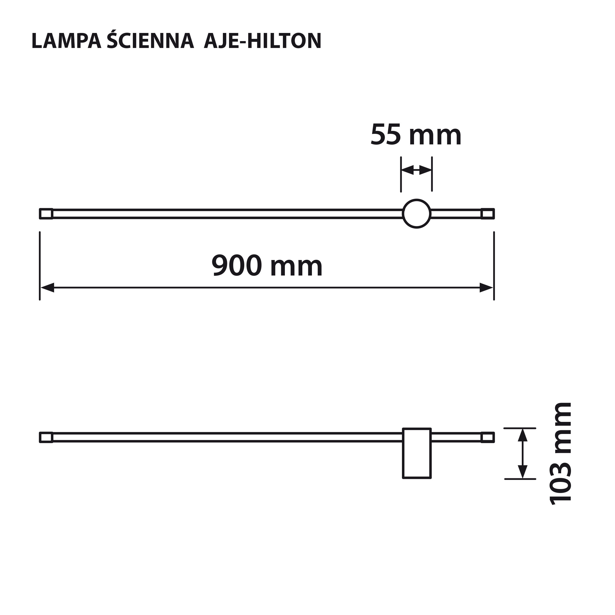 Technische Zeichnung einer Wandleuchte mit Maßen 900 mm und 55 mm.