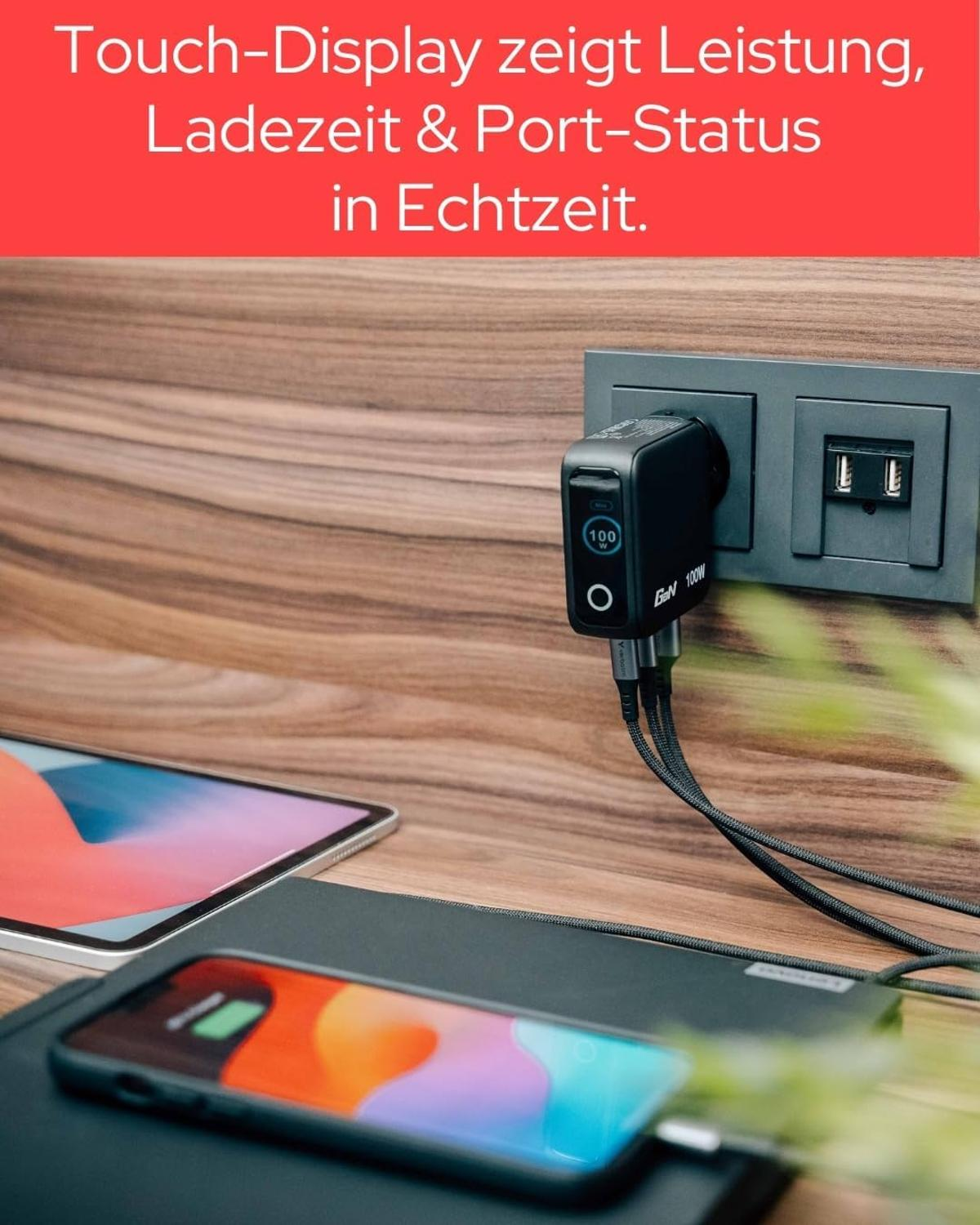 Ein schwarzes Ladegerät mit Display zeigt 100W an, lädt ein Handy & Tablet.