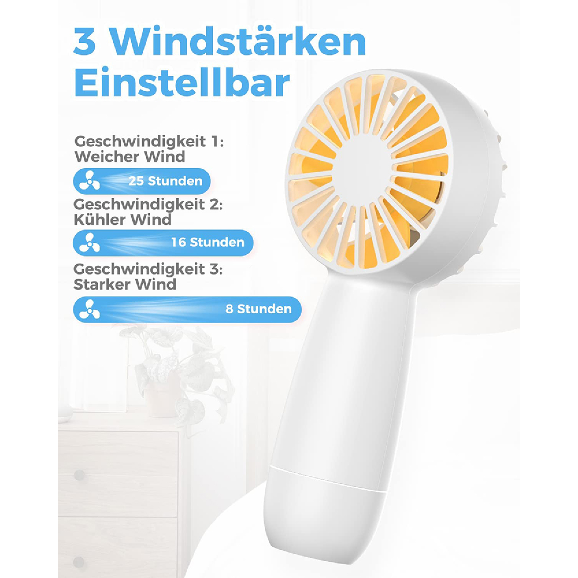 Ein weißer Handventilator mit gelben Lüfterblättern. Die Laufzeit variiert je nach Einstellung.
