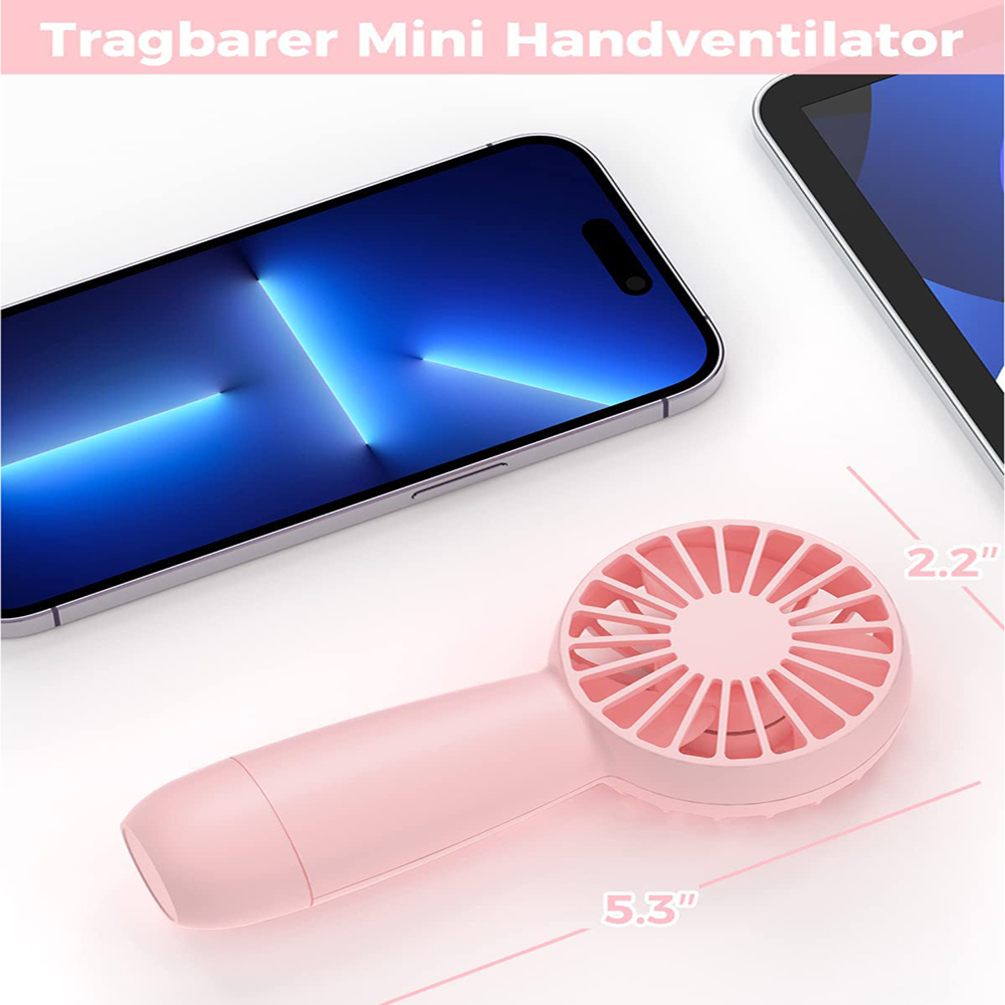 Ein kleiner rosafarbener Handventilator neben einem Smartphone mit blauem Display.