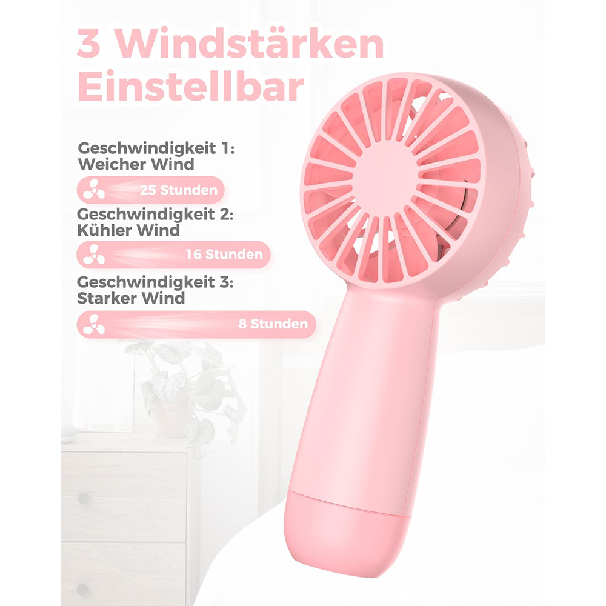 Ein rosafarbener Handventilator mit 3 Geschwindigkeitsstufen und Laufzeiten.