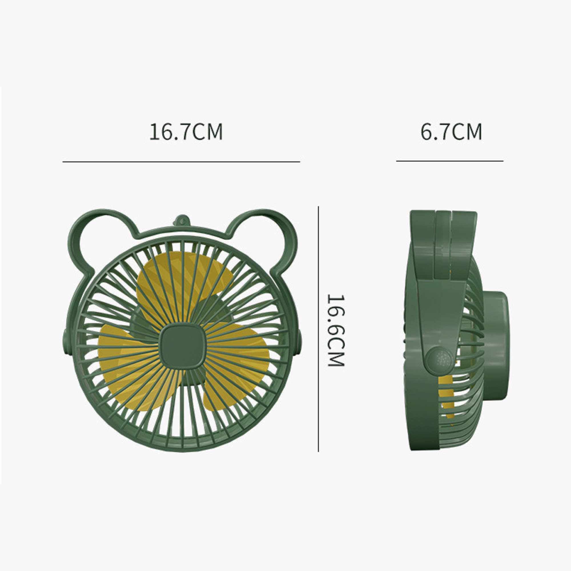 Ein grüner Ventilator mit gelben Blättern und Bärenohren, 16,7 cm breit.