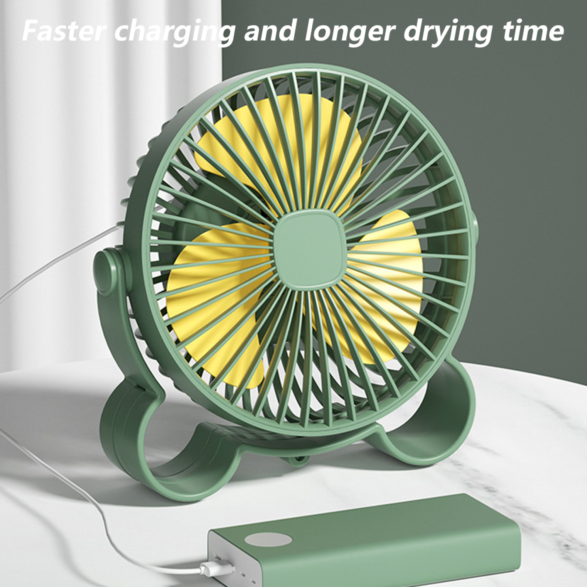 Ein grüner Ventilator mit gelben Rotorblättern, verbunden mit einer Powerbank.