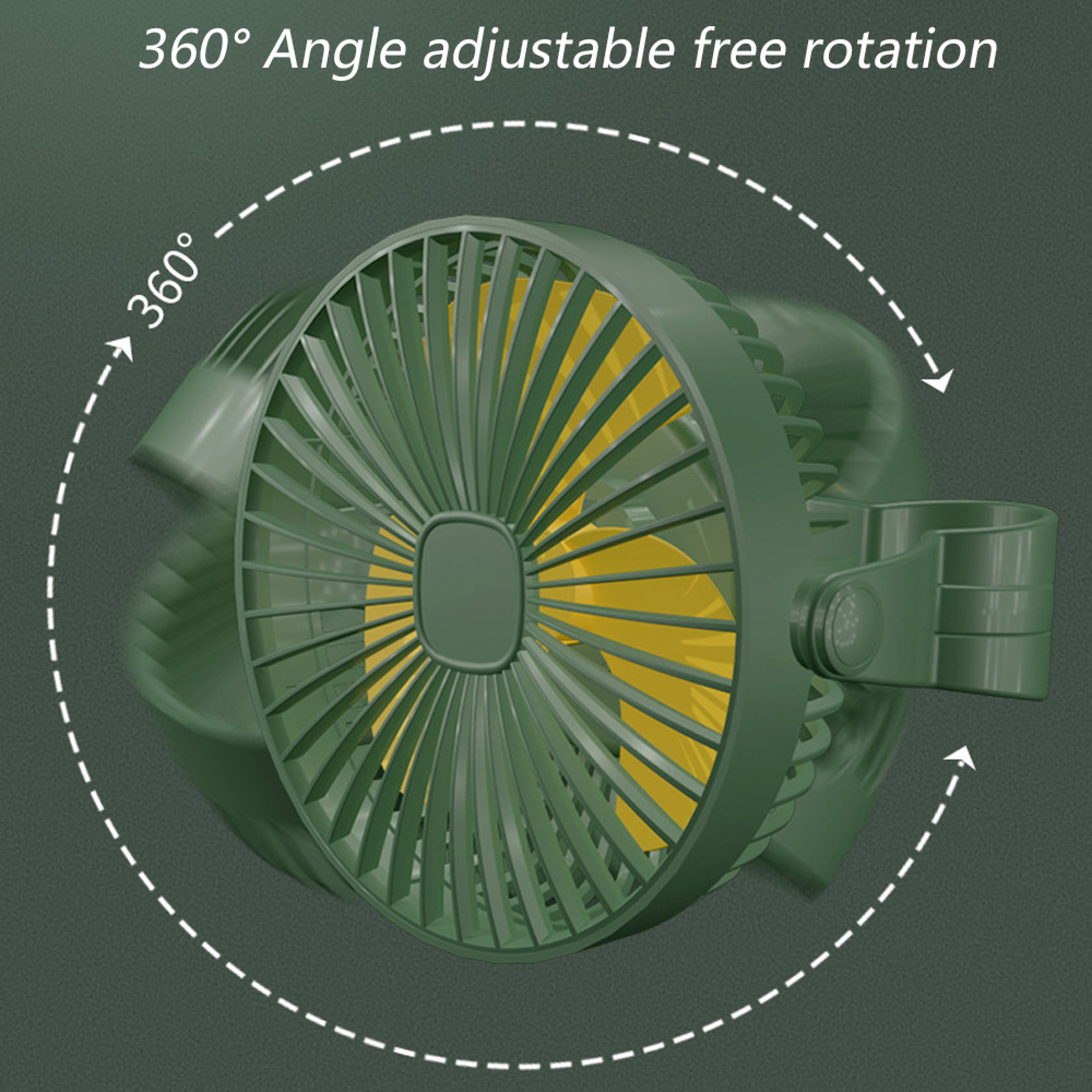 Ein grüner Ventilator mit gelben Rotorblättern dreht sich frei.