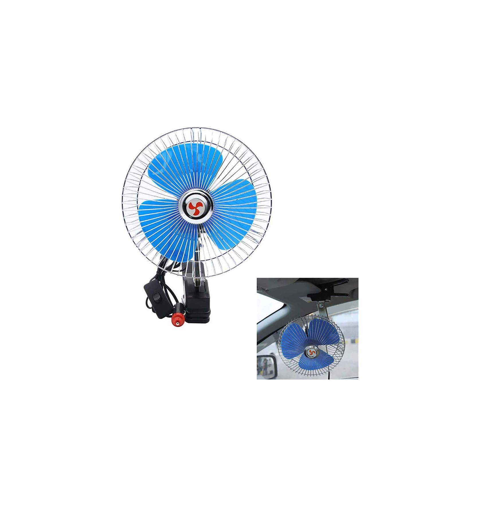 Ein blauer Ventilator mit silbernem Gitter und schwarzem Sockel, der an einem Auto-Dachhimmel befestigt ist.