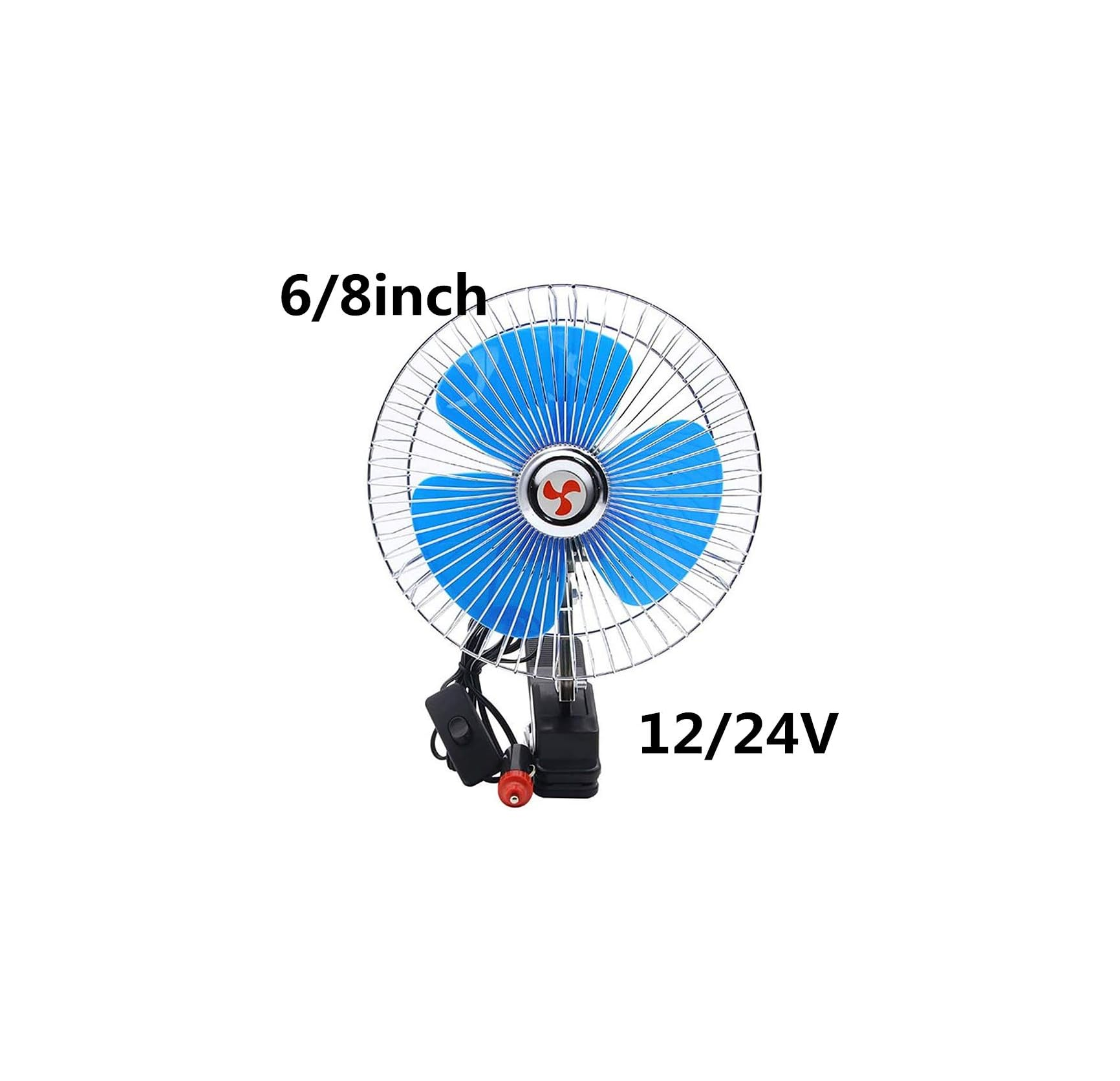 Ein 6/8-Zoll-Ventilator mit blauen Blättern und 12/24V-Aufschrift.