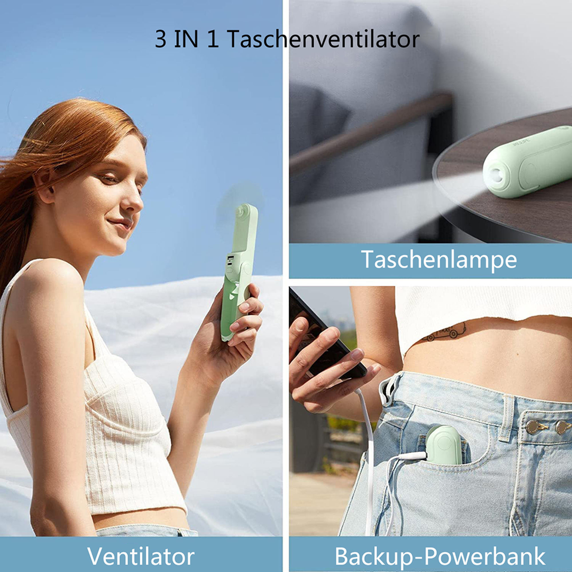 3-in-1 Gerät: Ventilator, Taschenlampe und Powerbank im Detail.