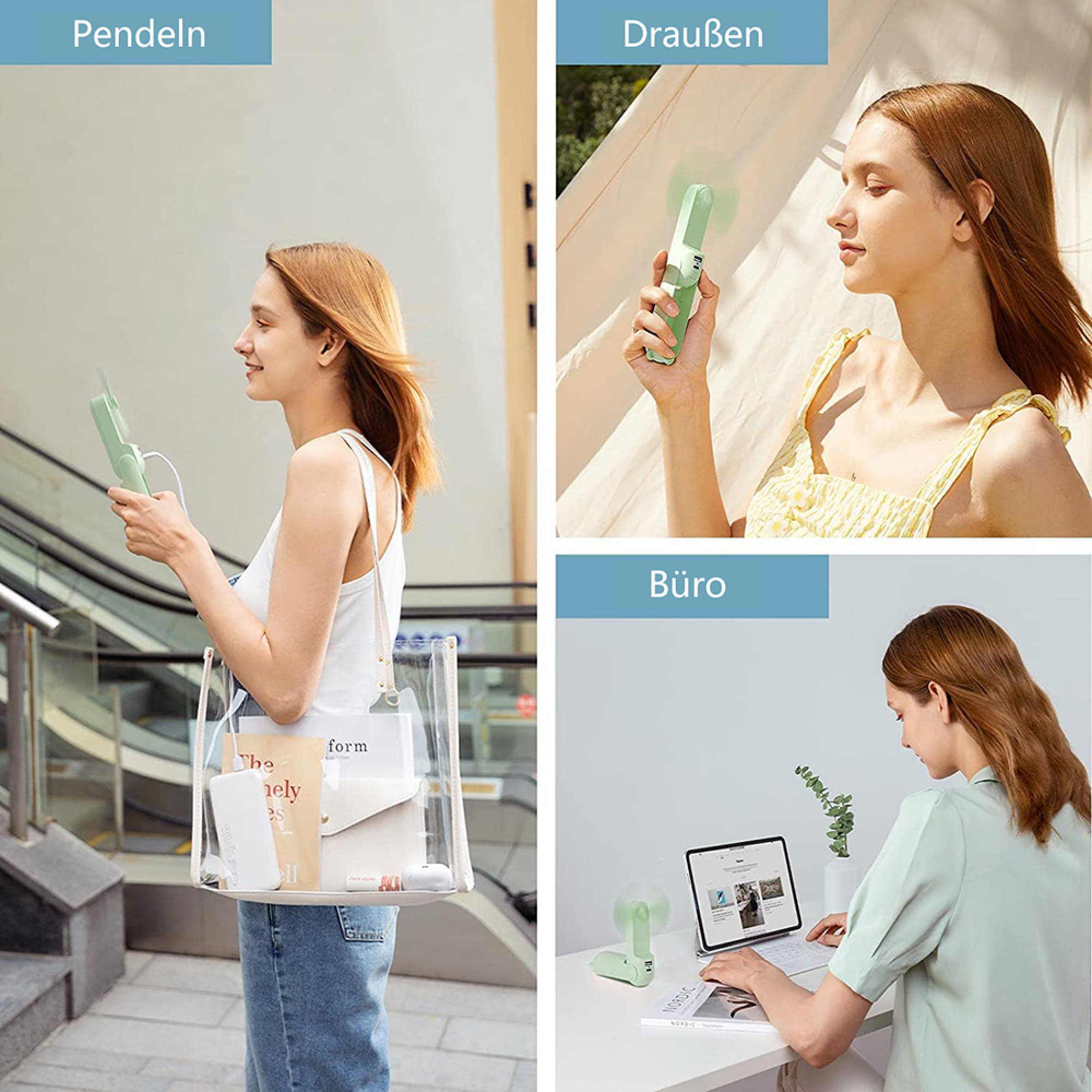 Collage: Frau mit Ventilator beim Pendeln, draußen und am Schreibtisch.