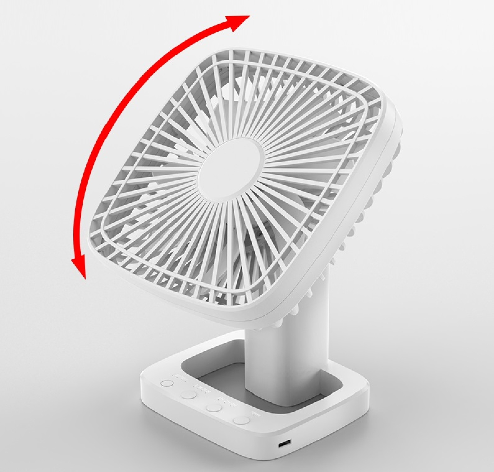 Ein weißer Tischventilator mit rotem Pfeil, der eine Kippbewegung anzeigt.