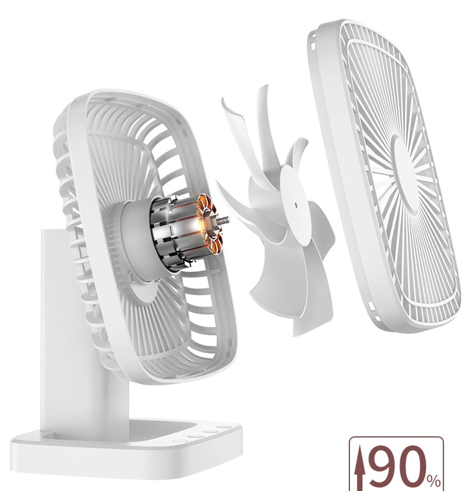 Ein weißer Ventilator mit freiliegendem Motor und Rotorblättern.