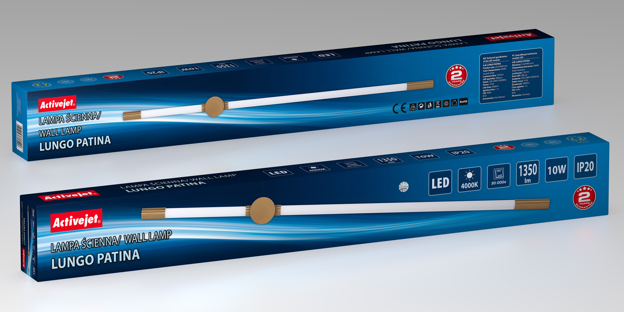 Dwa opakowania białej lampy ściennej LED z brązowymi końcówkami, 1350 lm, 10W, IP20.
