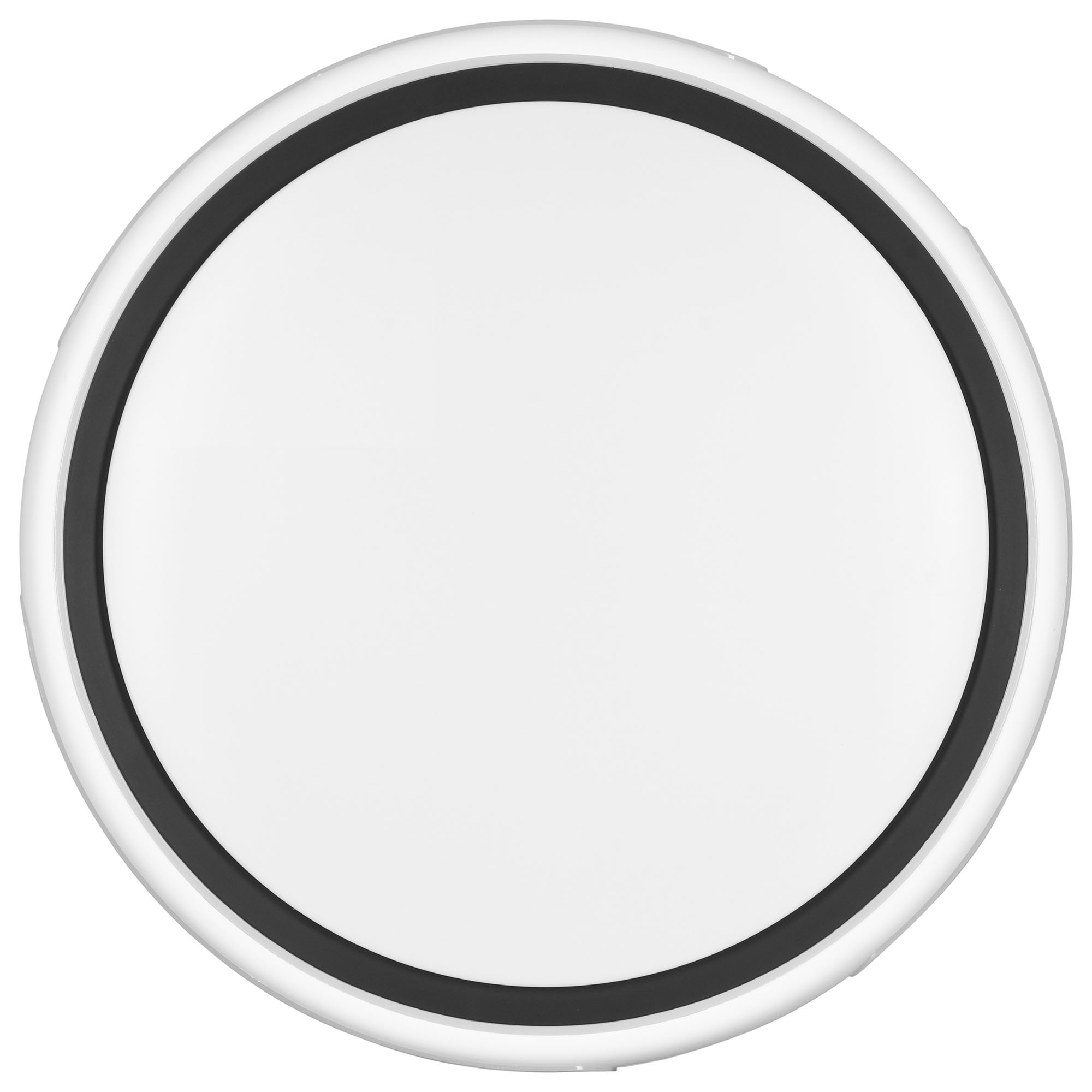 Un círculo blanco con un anillo negro sobre fondo blanco.