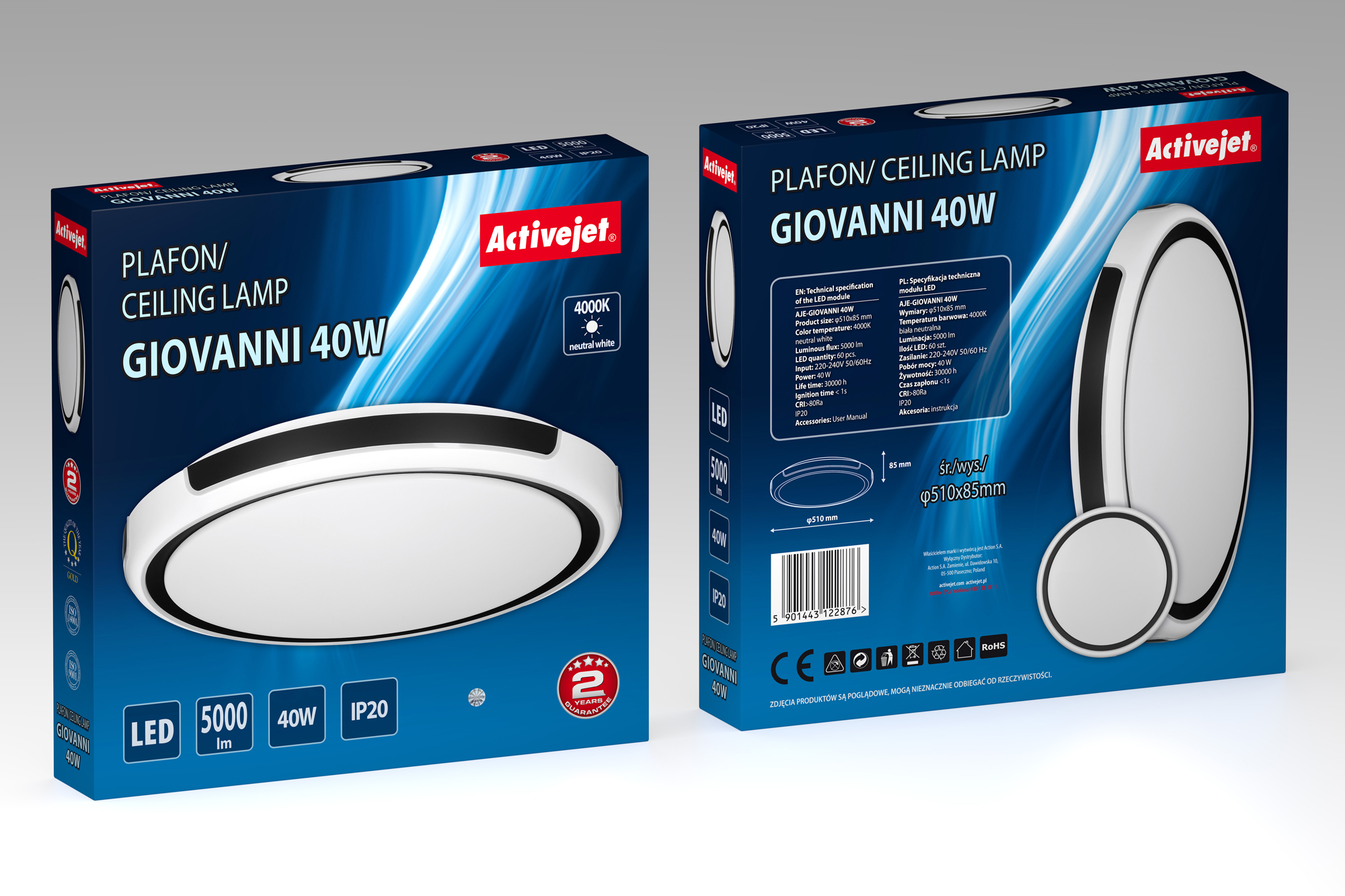 Embalaje de lámpara de techo Activejet GIOVANNI 40W, 5000 lm, 4000K, IP20.
