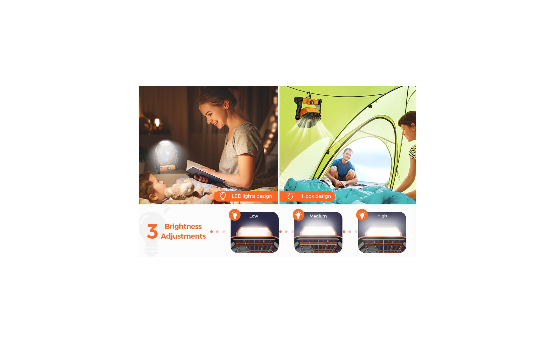 Lampe mit Helligkeitsstufen in einem Zelt und beim Lesen.