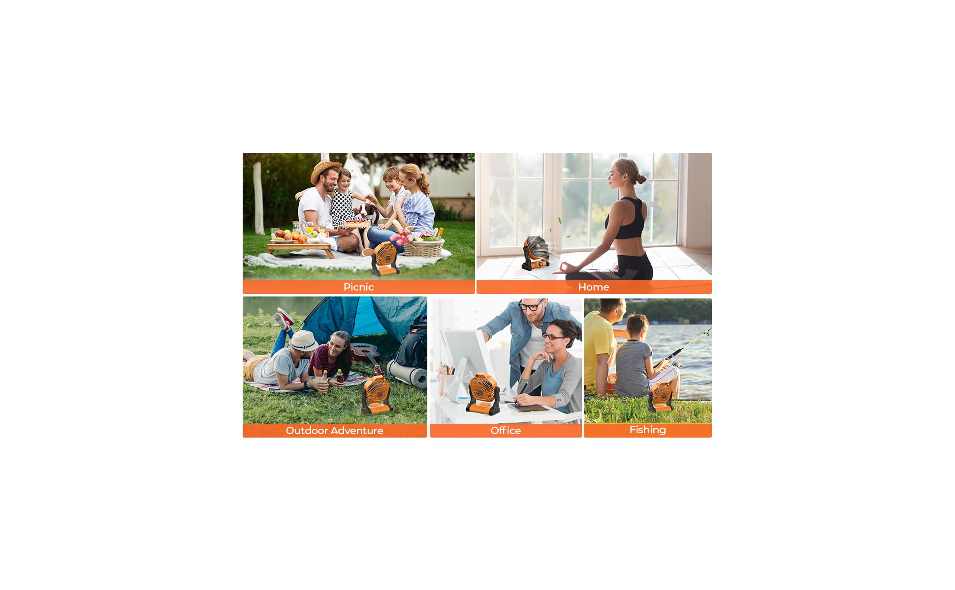 Eine Collage aus vier Szenen: Picknick, Yoga zu Hause, Camping und Angeln.
