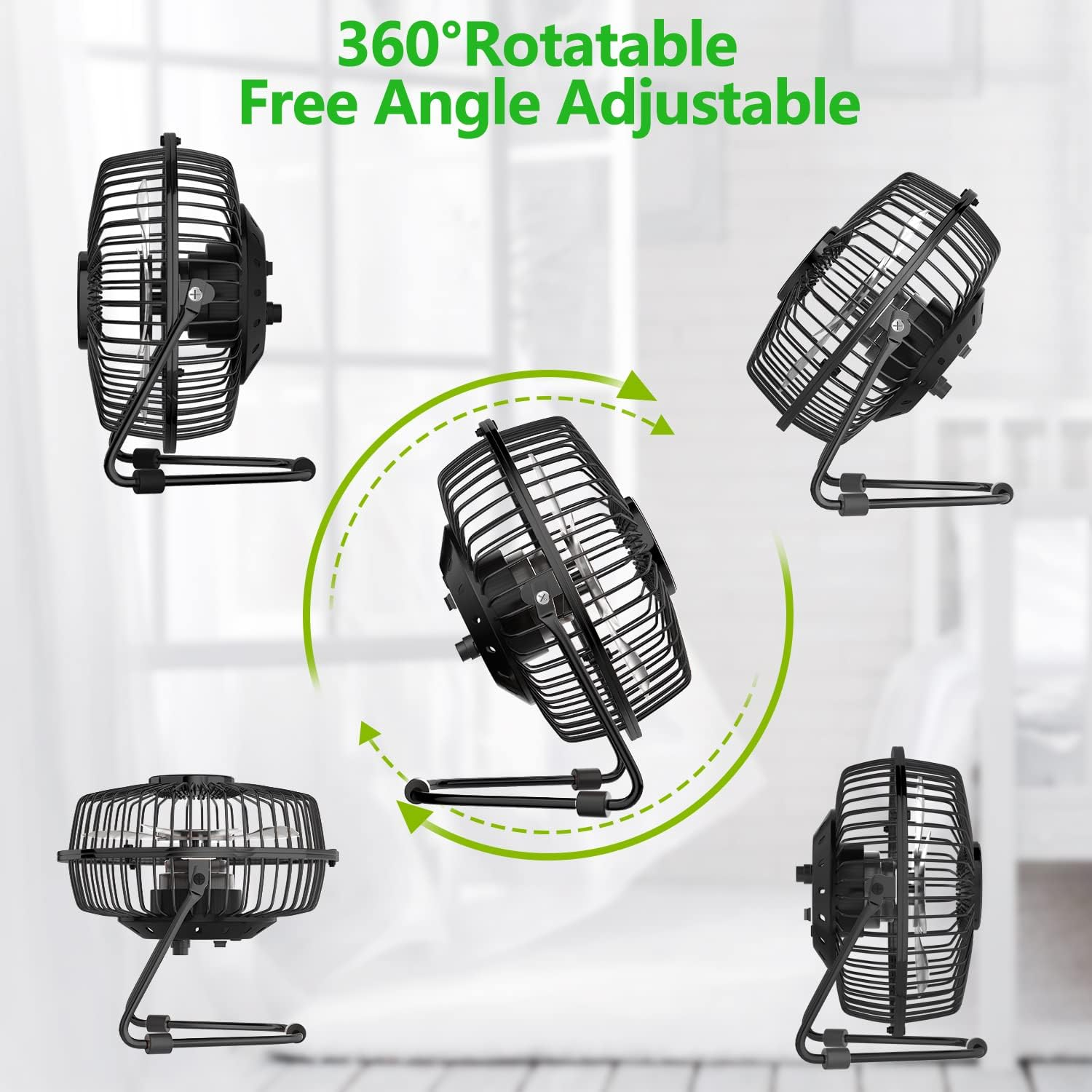 Ein schwarzer Tischventilator mit Metallgitter wird aus verschiedenen Winkeln gezeigt.
