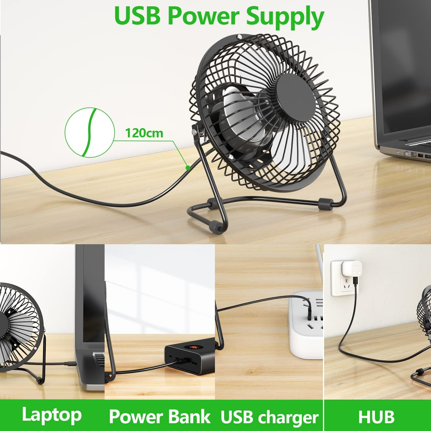 Kleiner schwarzer USB-Ventilator mit 120cm Kabel, daneben ein Laptop, Powerbank, USB-Ladegerät und Hub.