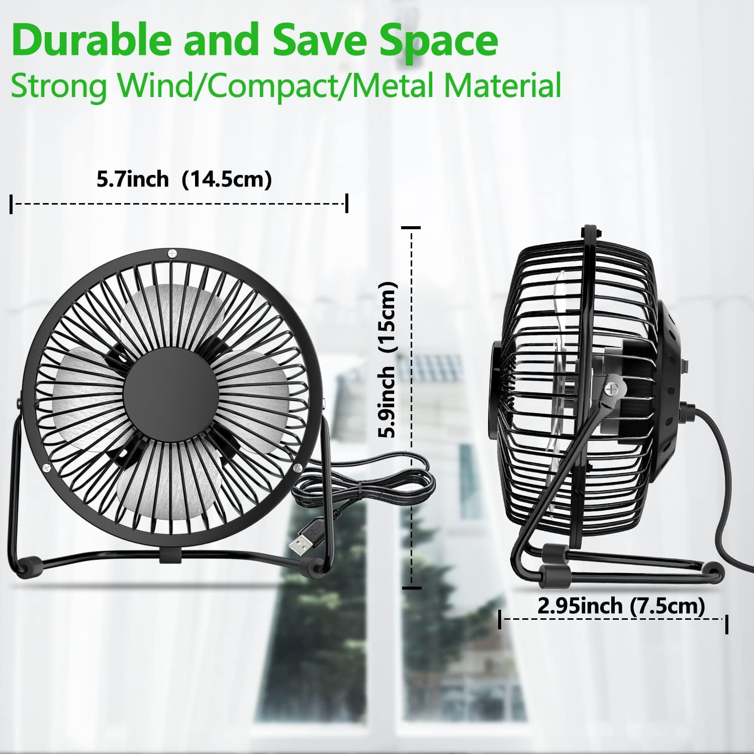 Ein schwarzer Metallventilator mit USB-Kabel, Maße angegeben.