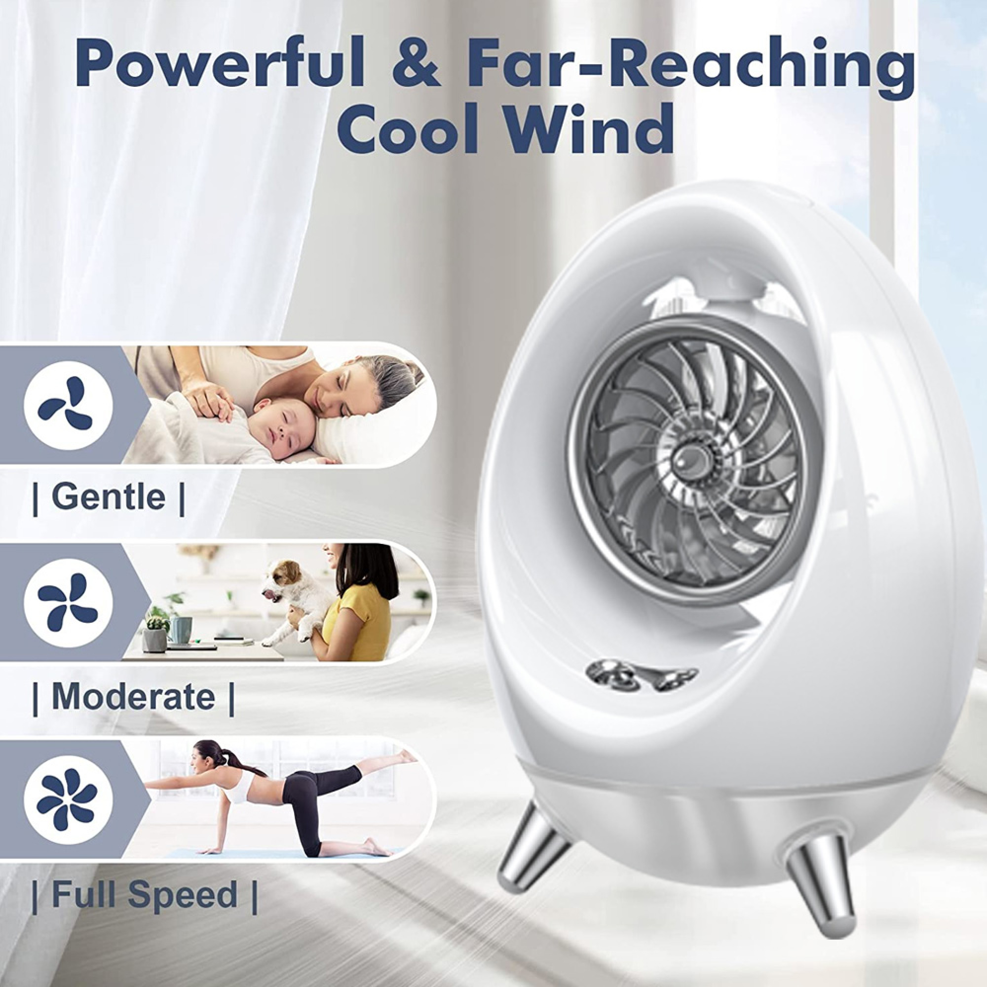 Ein weißer Ventilator mit drei Lüftergeschwindigkeiten: sanft, moderat, volle Geschwindigkeit.