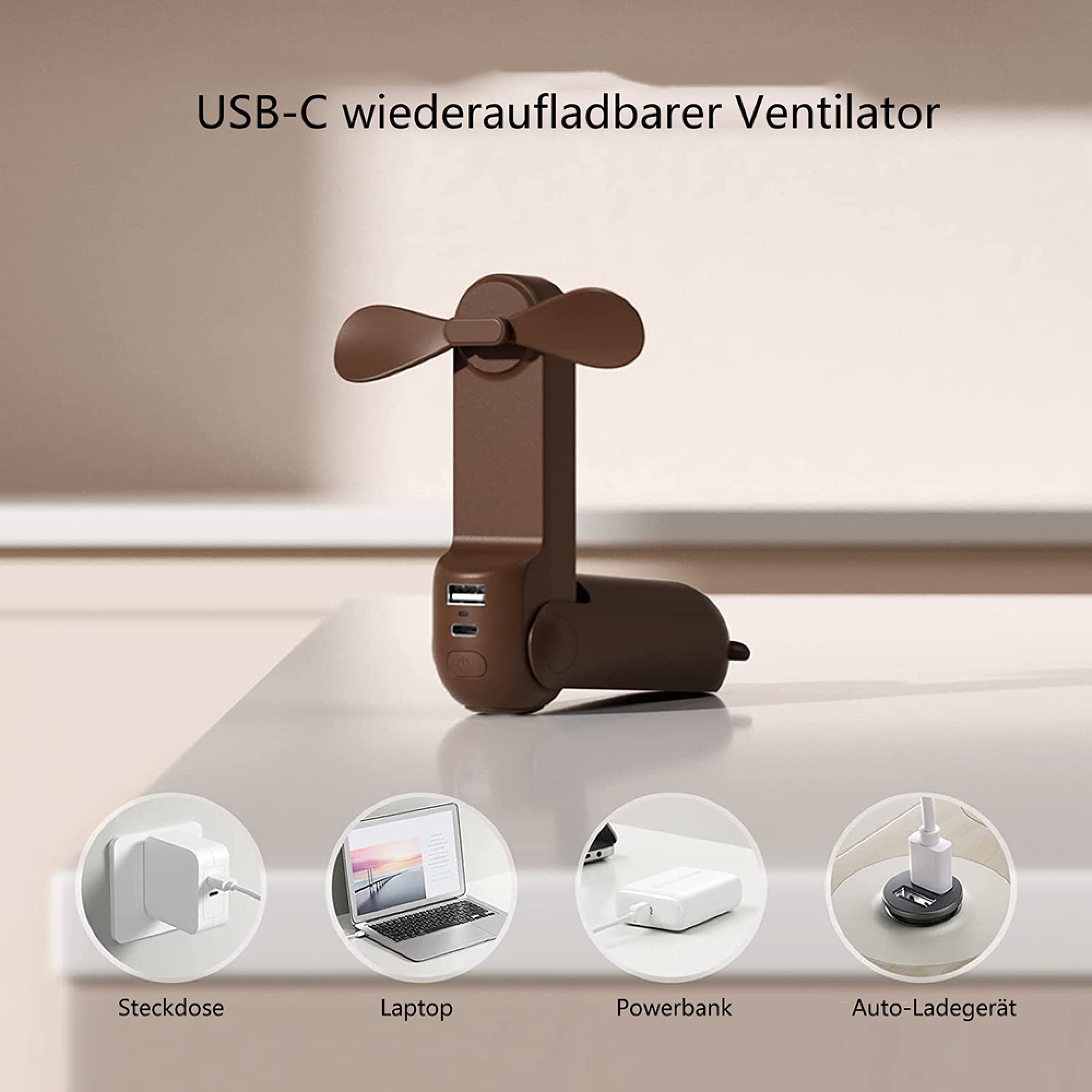 Ein brauner USB-C-Ventilator mit Ladeanschluss, gezeigt mit Anschlüssen.
