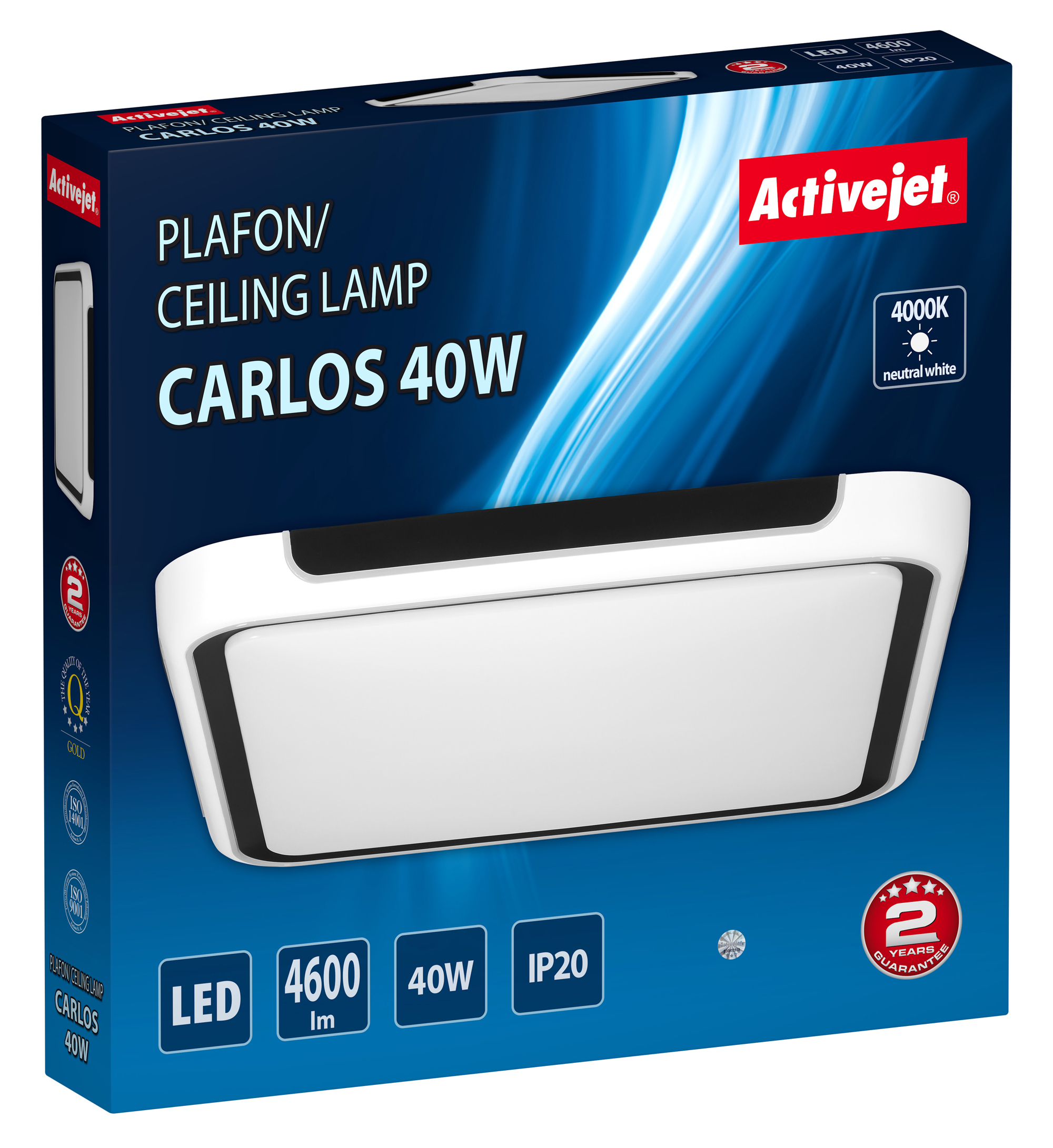 Embalaje de una lámpara de techo Activejet 'Carlos 40W' con LEDs, 4600lm, 4000K.