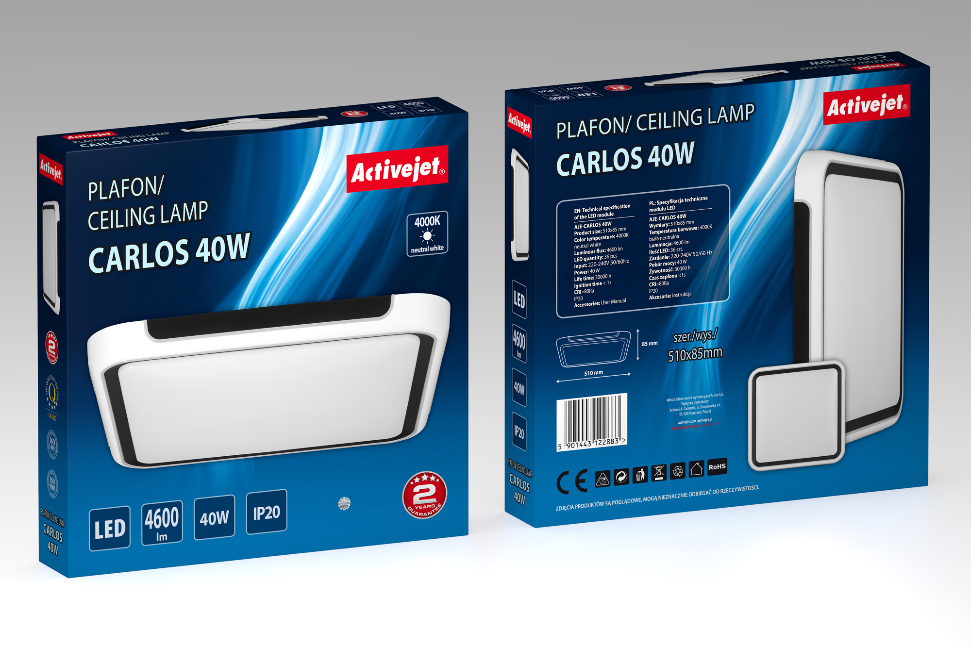 Embalaje de una lámpara de techo Activejet, modelo CARLOS 40W, con especificaciones.