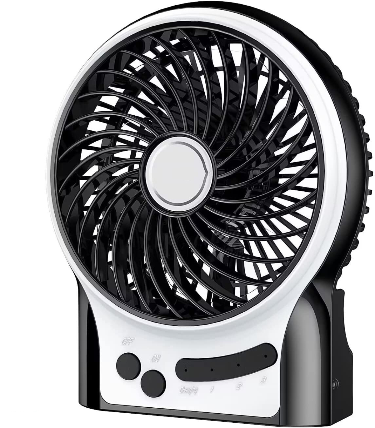Ein schwarzer und weißer tragbarer Ventilator mit schwarzen Rotorblättern.