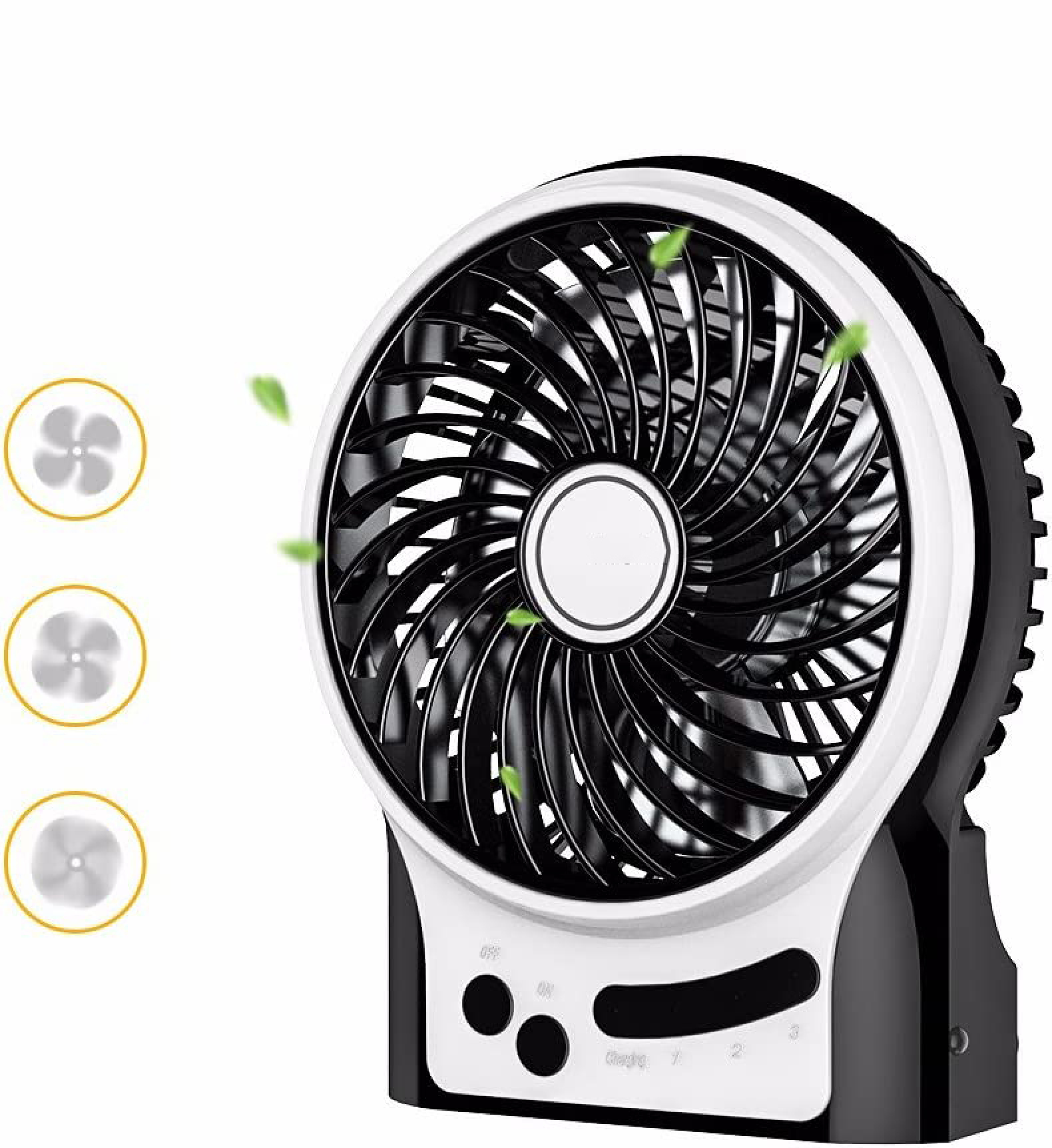 Ein tragbarer Ventilator mit schwarzen Rotorblättern und weißem Rand.