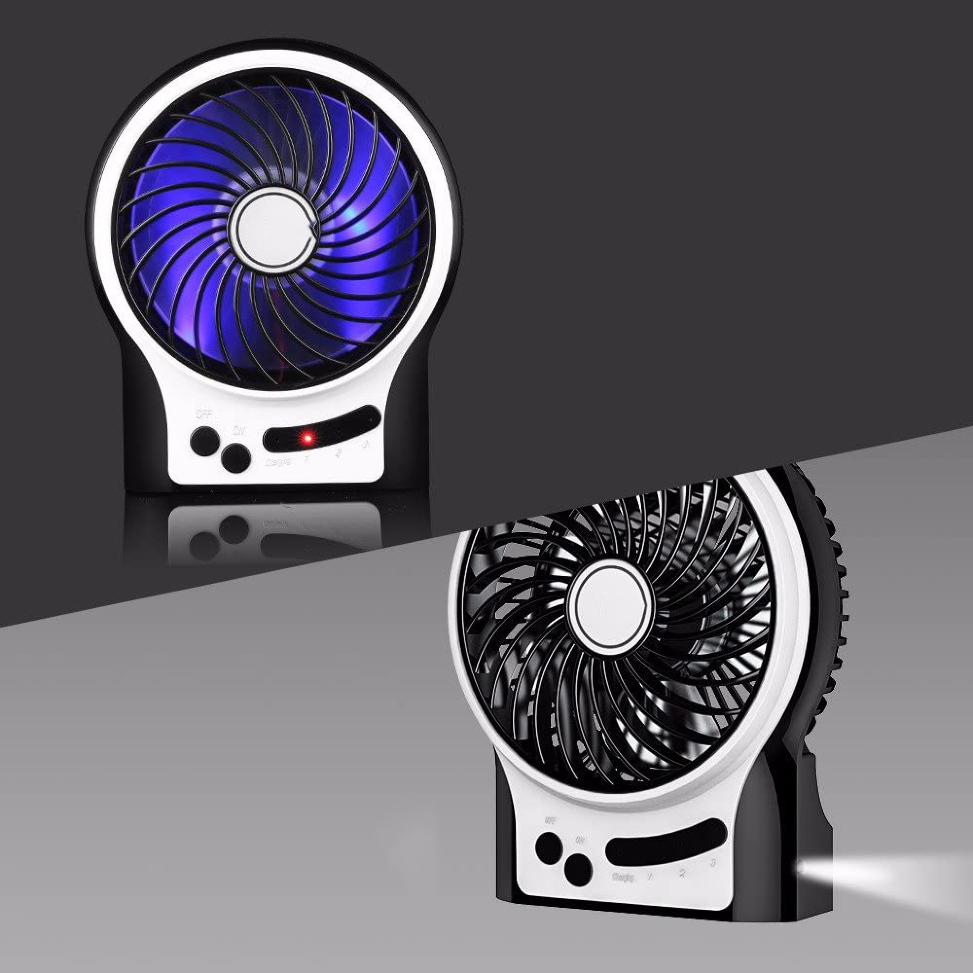 Ein schwarzer Ventilator mit blauen Lichtern und ein weiterer Ventilator.