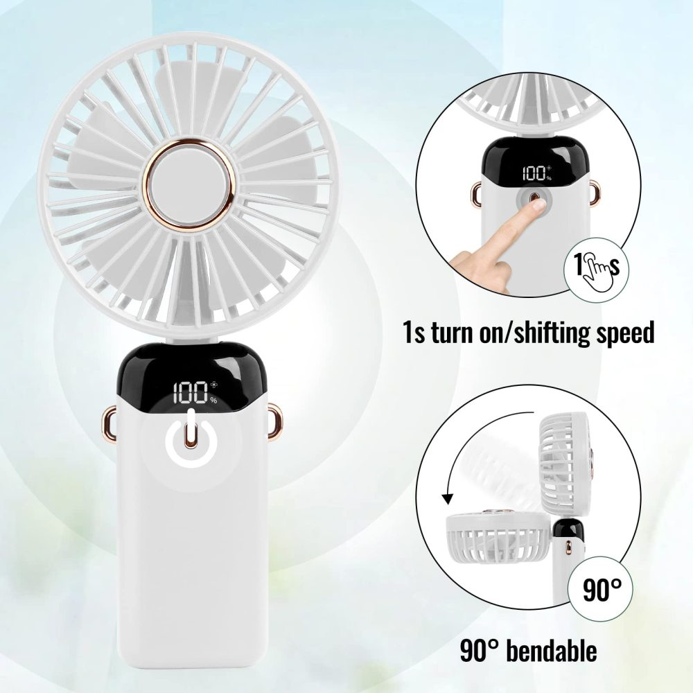 Weißer Handventilator mit digitaler Anzeige, 90° biegbar.