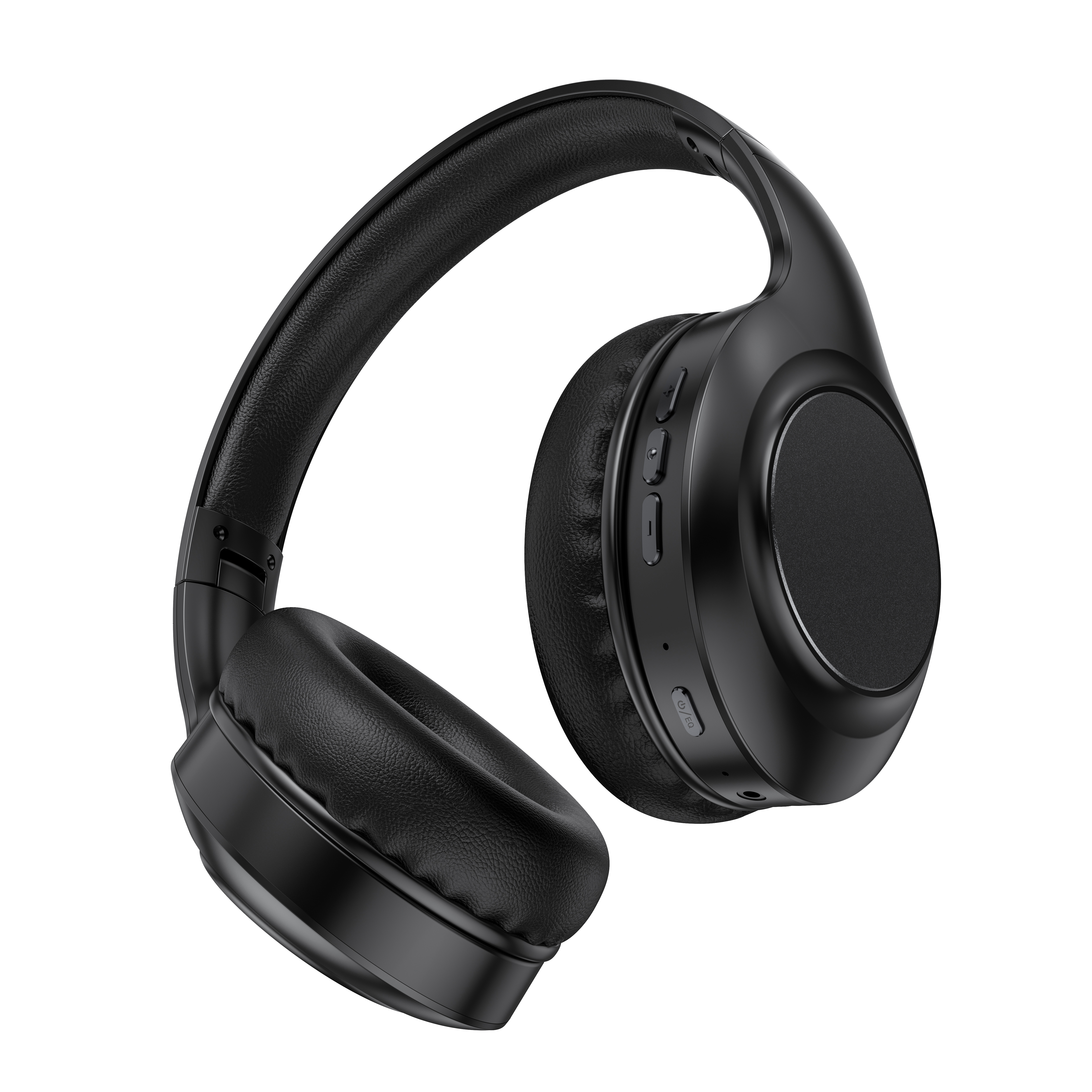 Schwarze Over-Ear-Kopfhörer mit Lederpolsterung und Tasten an der Ohrmuschel.