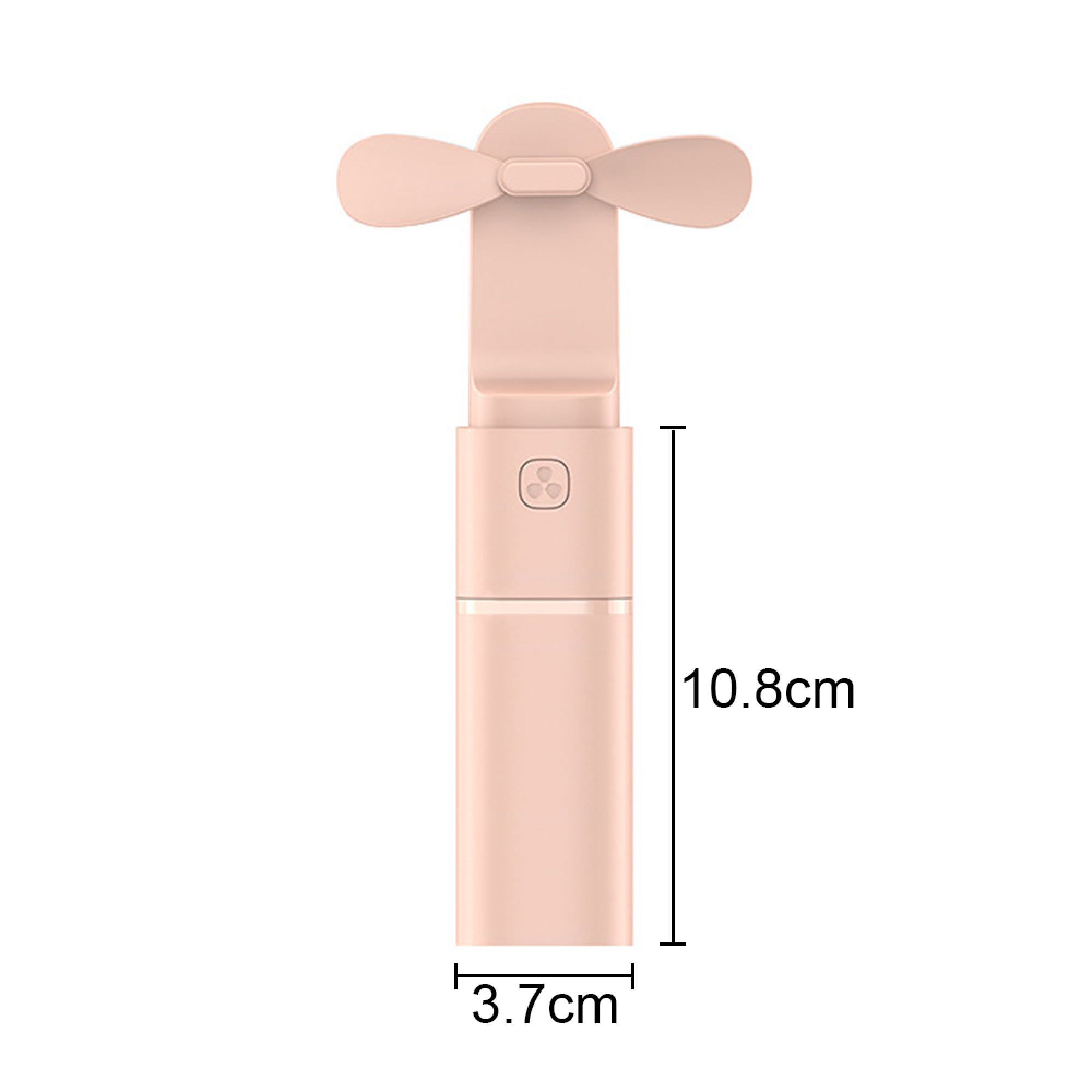 Ein kleiner rosafarbener Ventilator mit zwei Flügeln, 10,8 cm hoch.