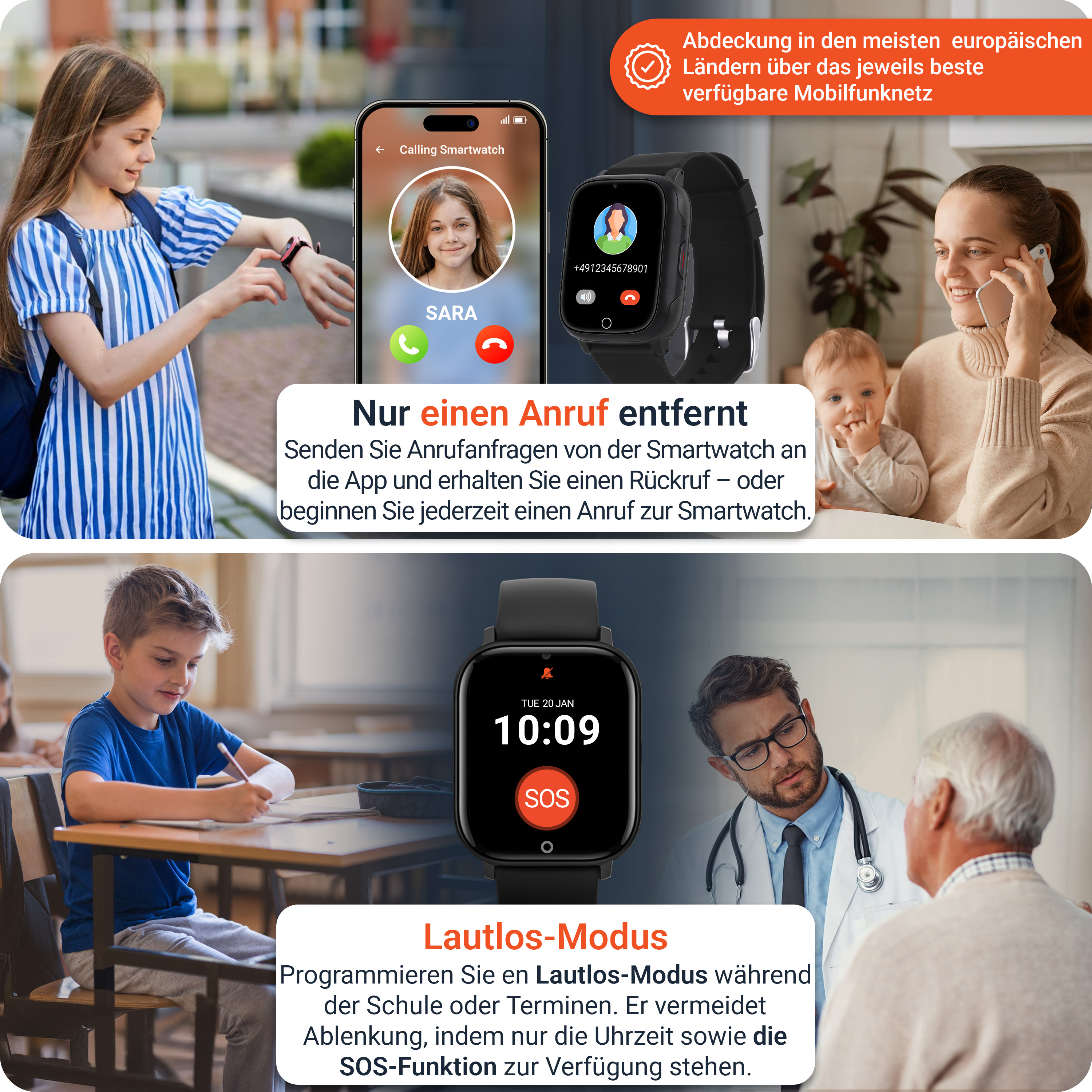 Bambina controlla smartwatch, accanto smartphone con chiamata e smartwatch. Sotto: Ragazzo scrive, accanto medico con paziente.