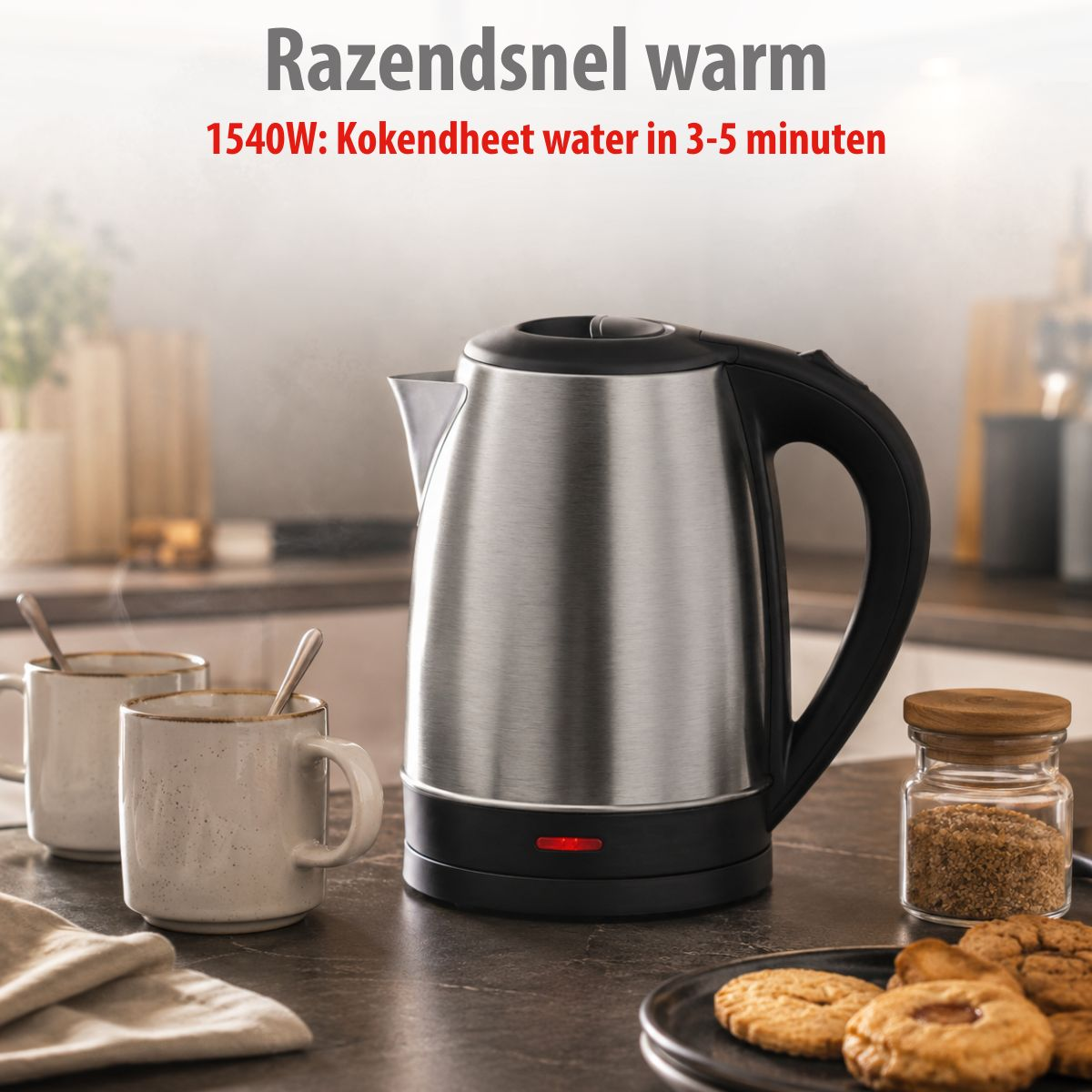 Une bouilloire sur un comptoir avec des tasses, des biscuits et du sucre.