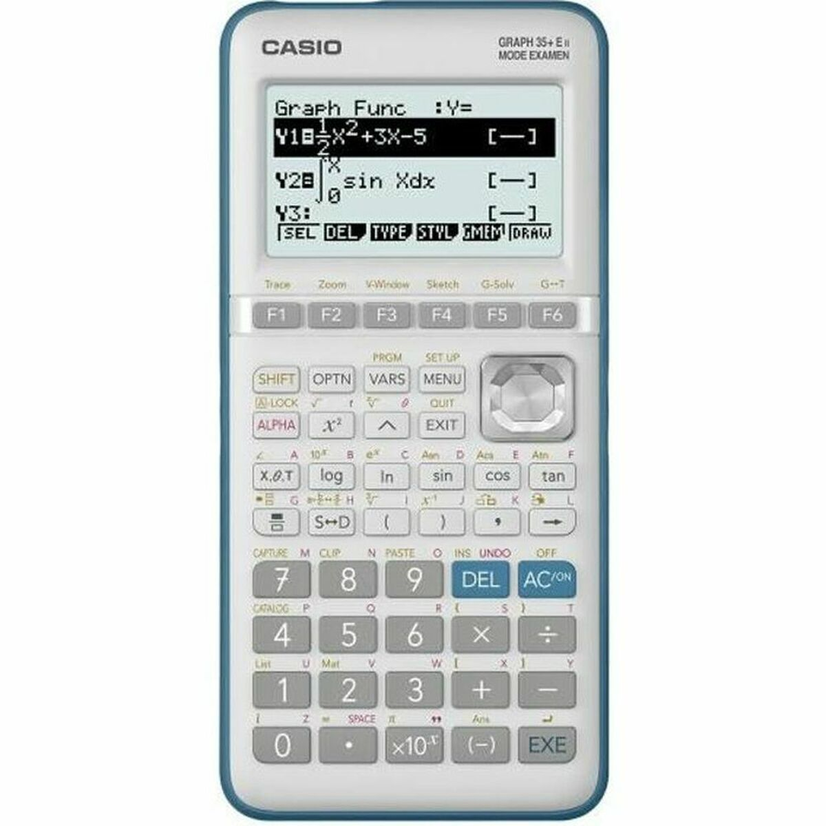 Ein weißer Casio Graphing-Taschenrechner mit blauem Rand und einem Display mit mathematischen Formeln.