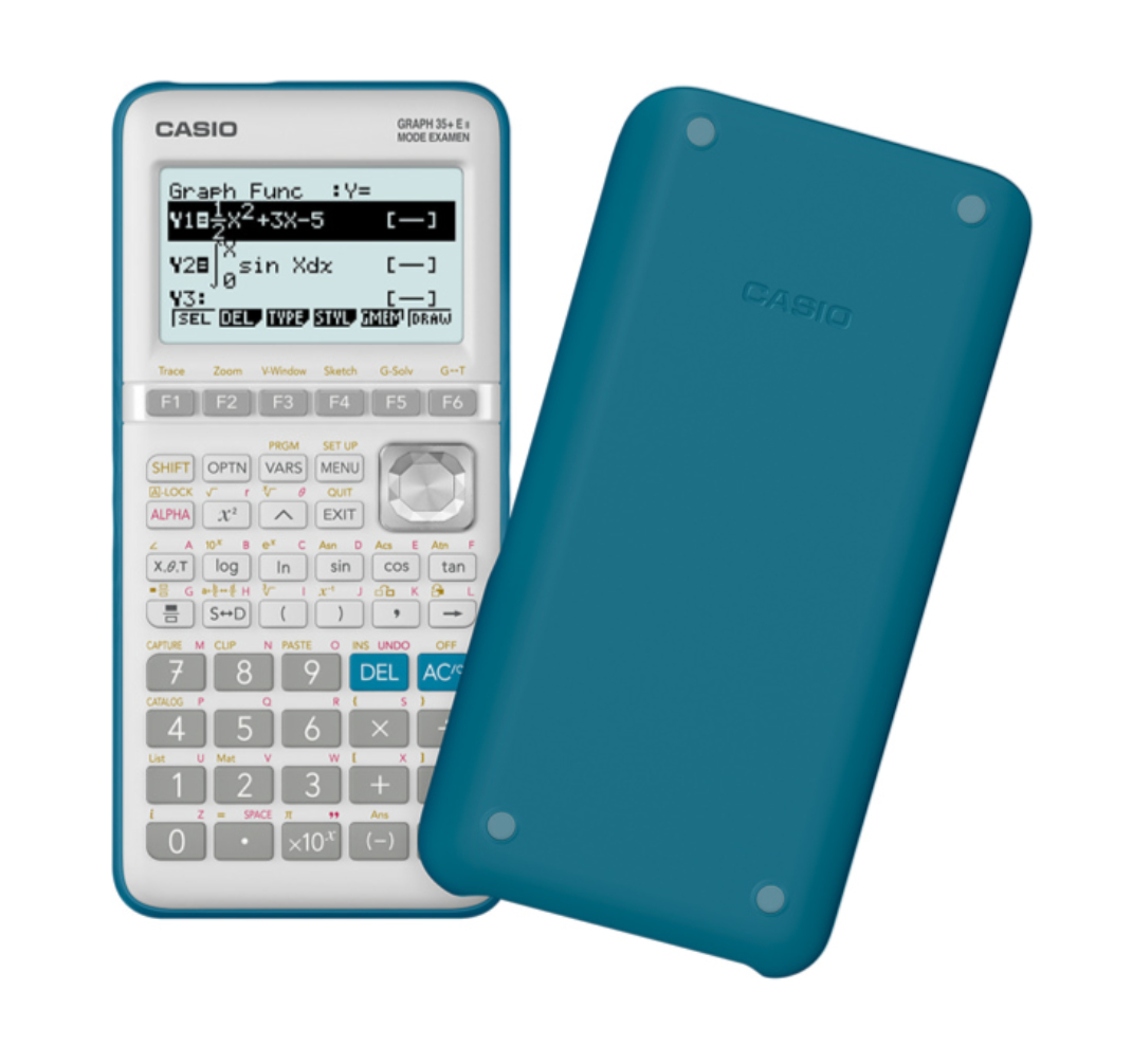 Ein blauer Taschenrechner von Casio liegt neben seiner blauen Hülle.