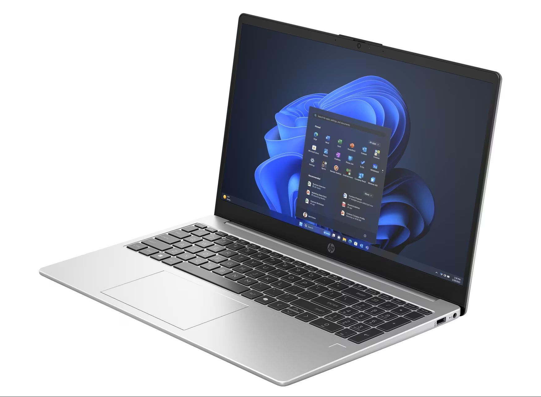 Ein silberner HP Laptop mit Windows 11 und einem blauen Hintergrundbild.