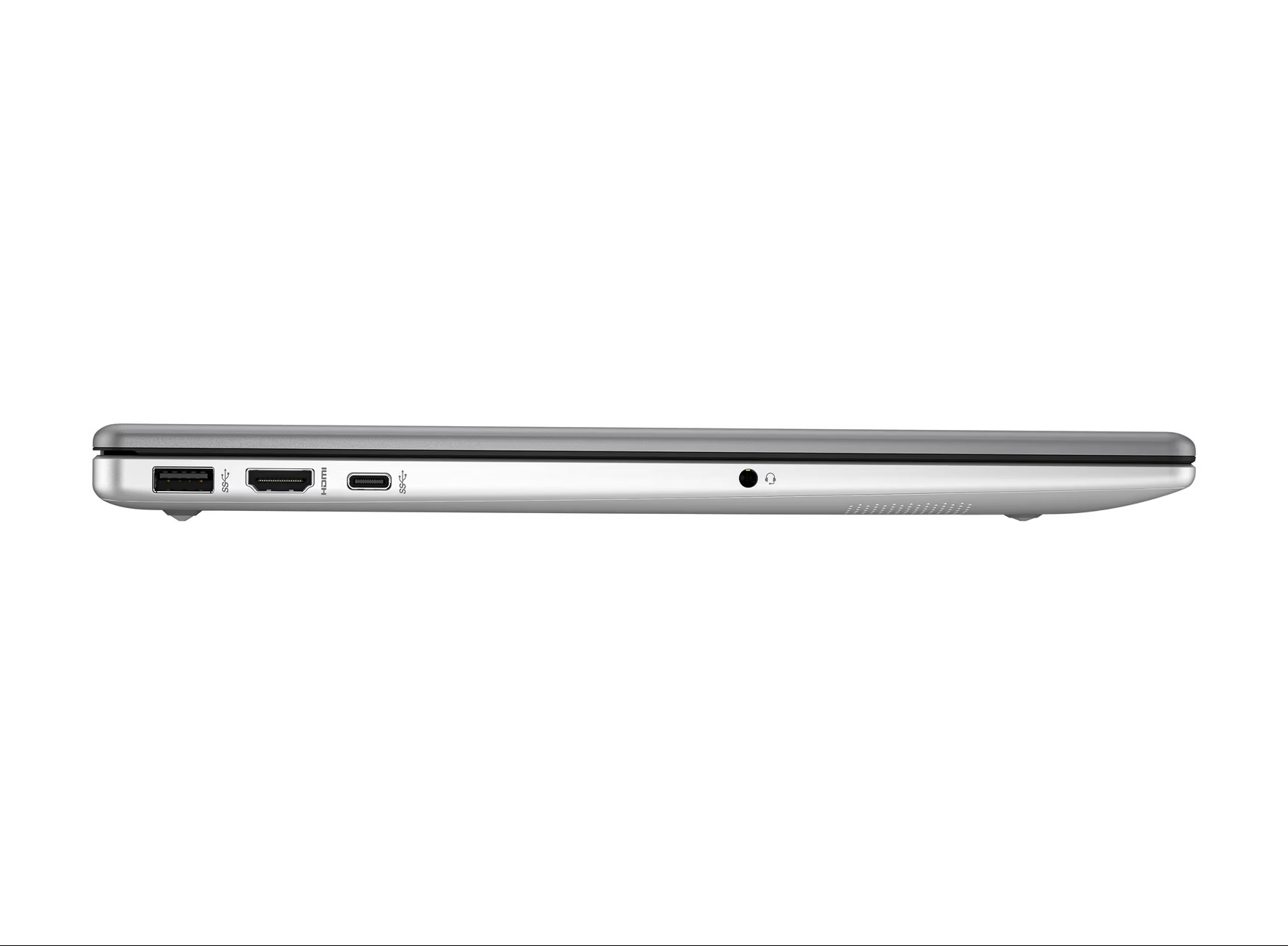 Seitenansicht eines Laptops mit Anschlüssen: USB-A, HDMI, USB-C, Kopfhöreranschluss.