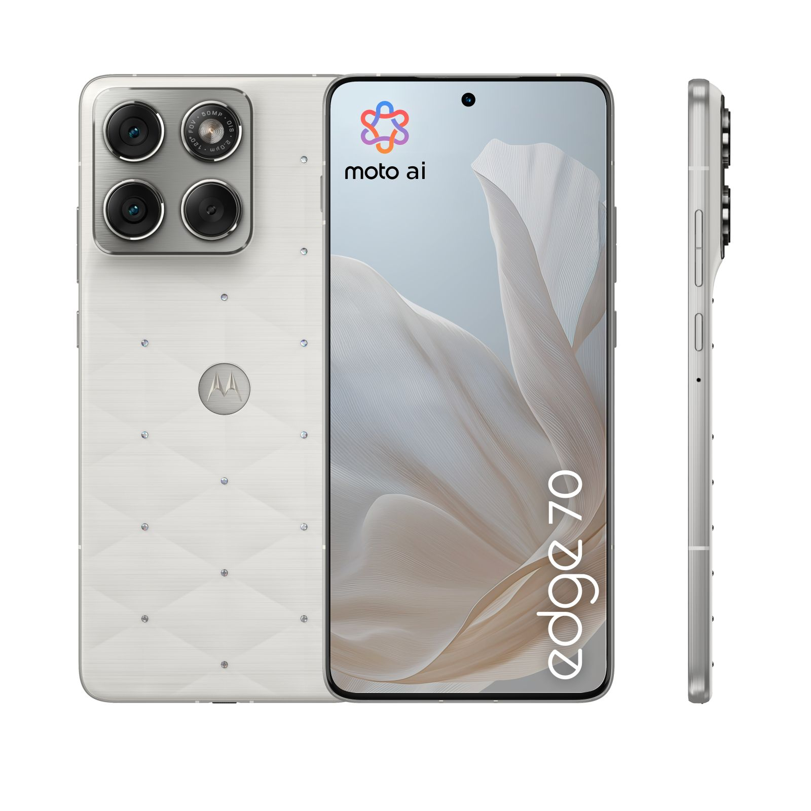 Ein weißes Motorola Edge 70 Smartphone mit vier Kameras und Diamantakzenten.