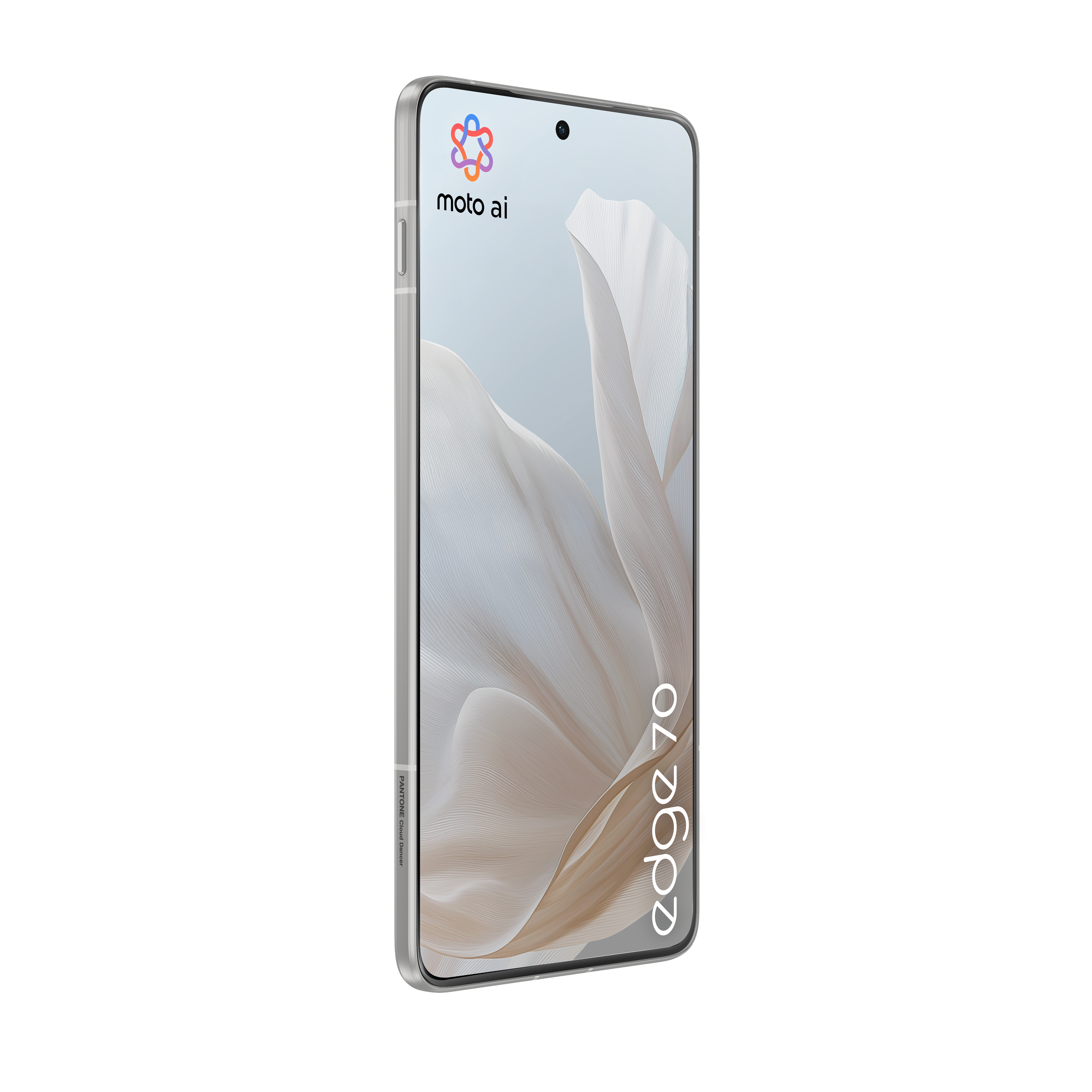 Ein silbernes Smartphone mit dem Schriftzug "moto ai" und "edge 70".