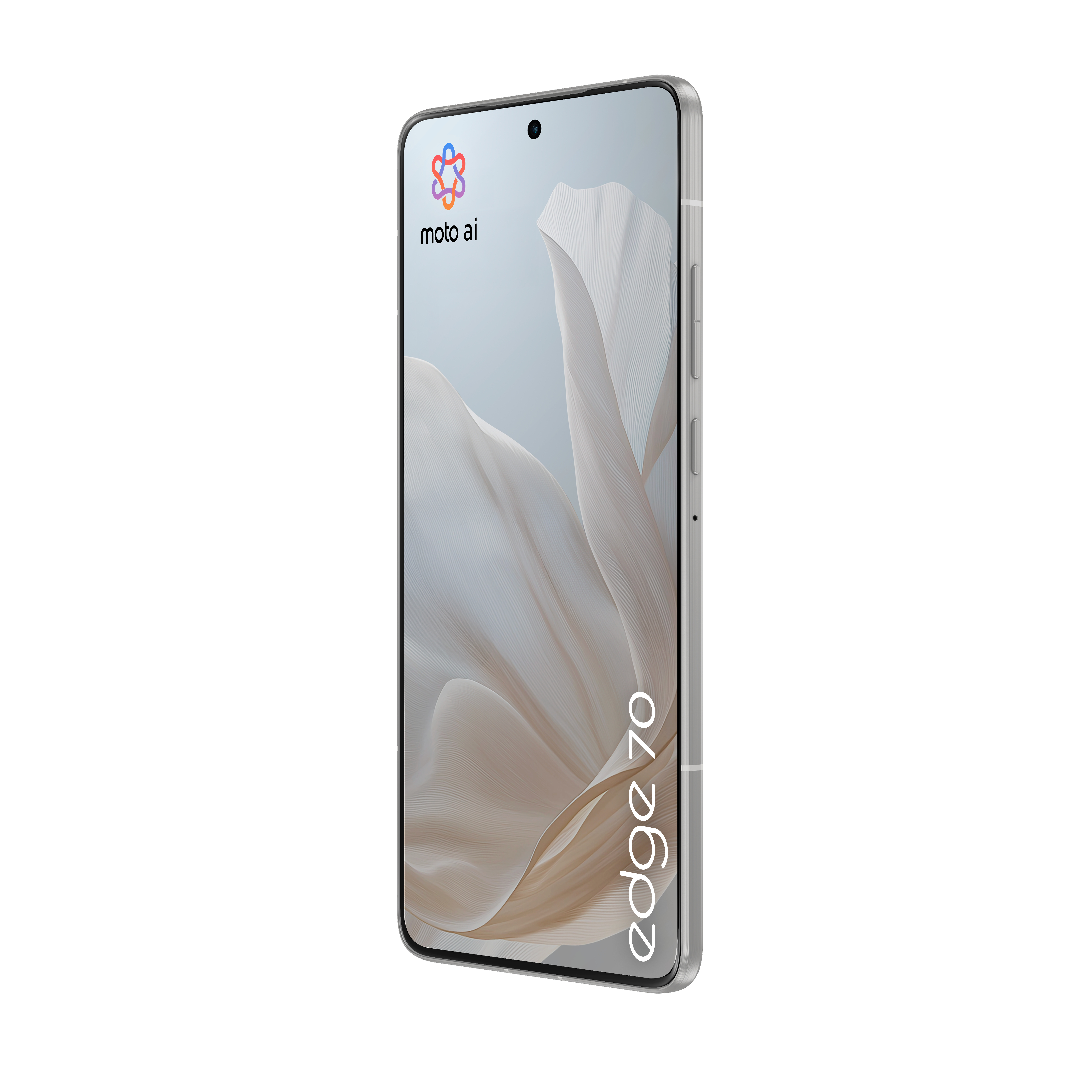 Ein silbernes Smartphone mit dem Logo von Moto AI und der Aufschrift "edge 70".