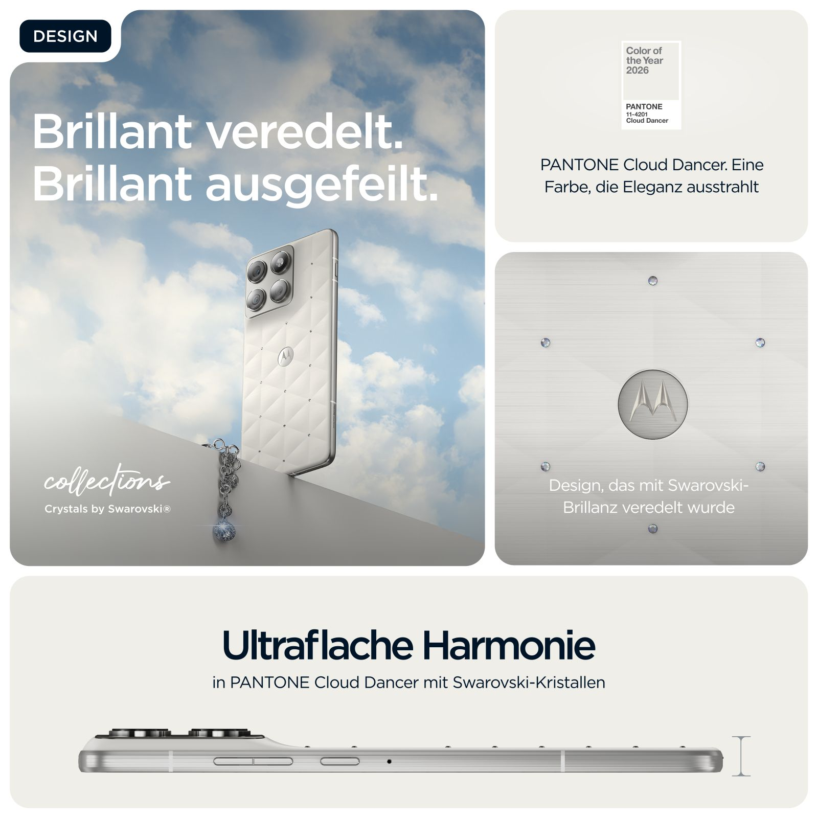 Ein weißes Smartphone mit Swarovski-Kristallen und dem Pantone-Farbton Cloud Dancer.