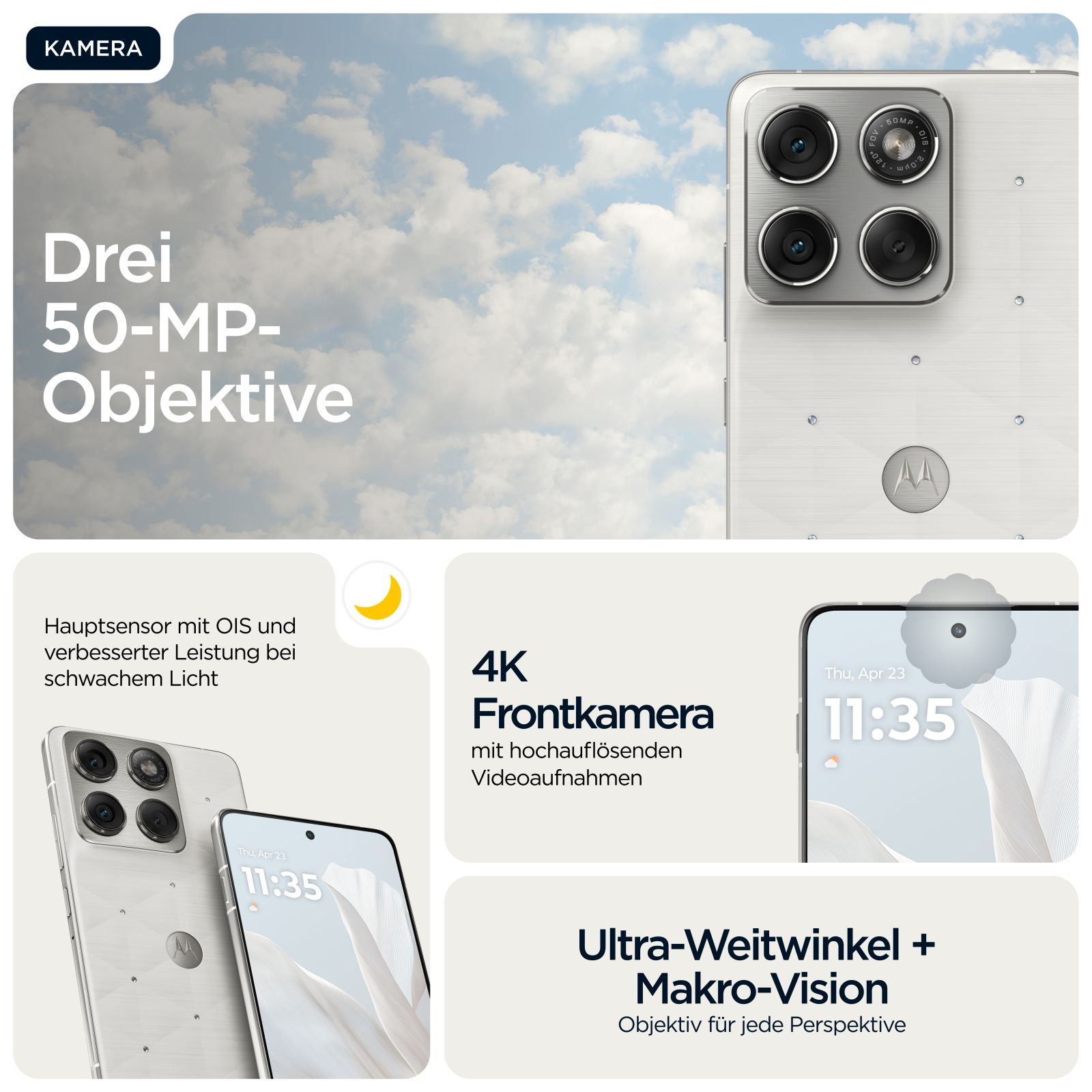 Ein weißes Smartphone mit drei 50MP-Kameras und einem klaren Himmel im Hintergrund.