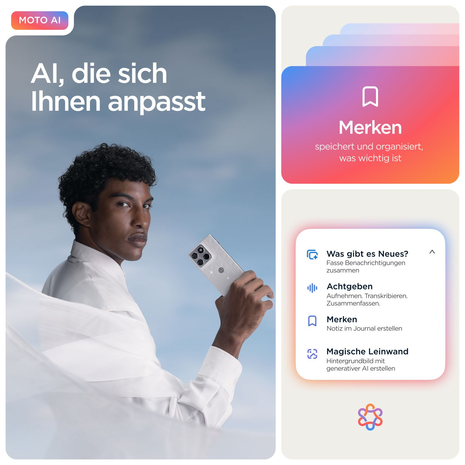 Mann mit Handy, MOTO AI Logo, und verschiedene KI-Funktionen.