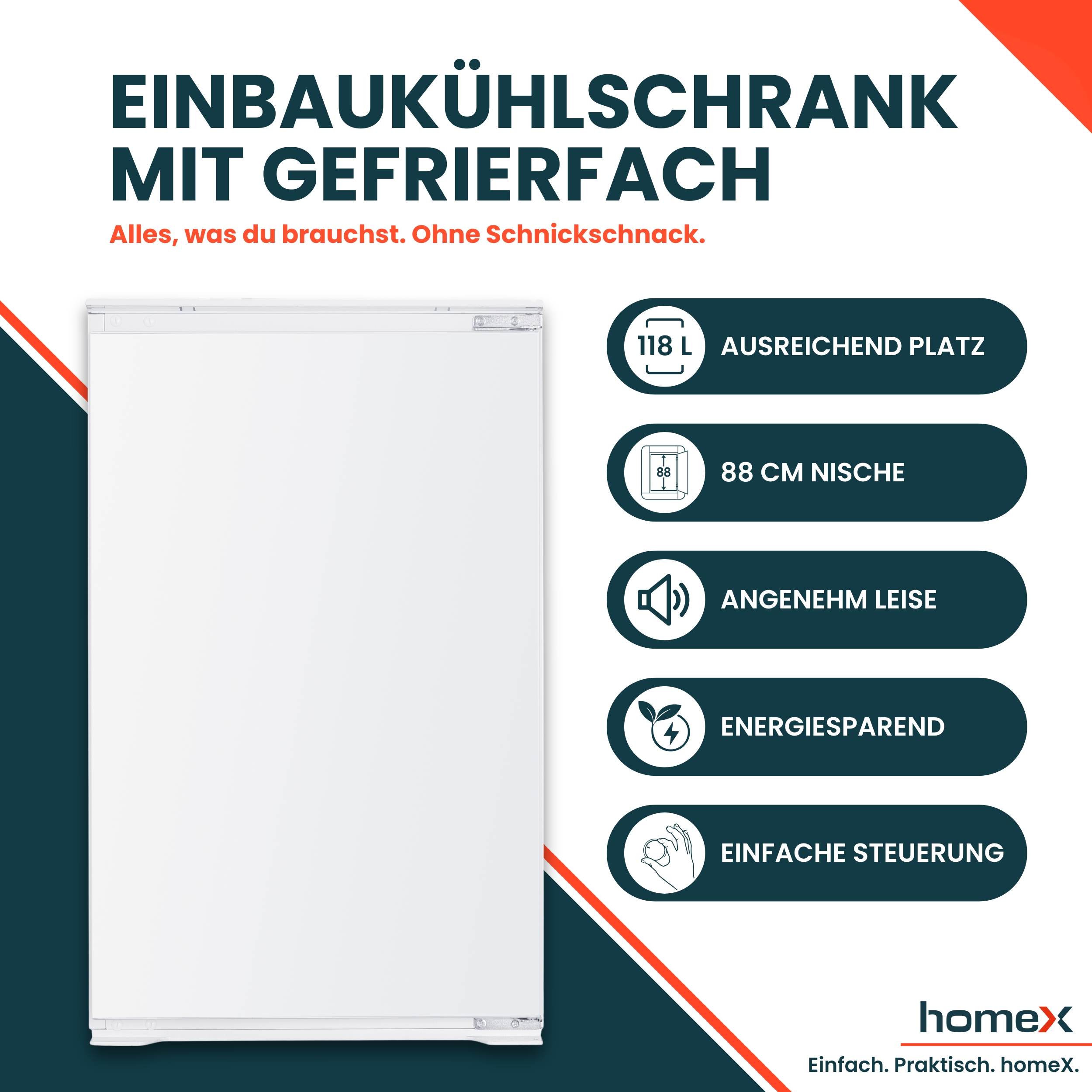 Einbaukühlschrank mit Gefrierfach, 118 L, 88 cm Nische, leise, energiesparend.