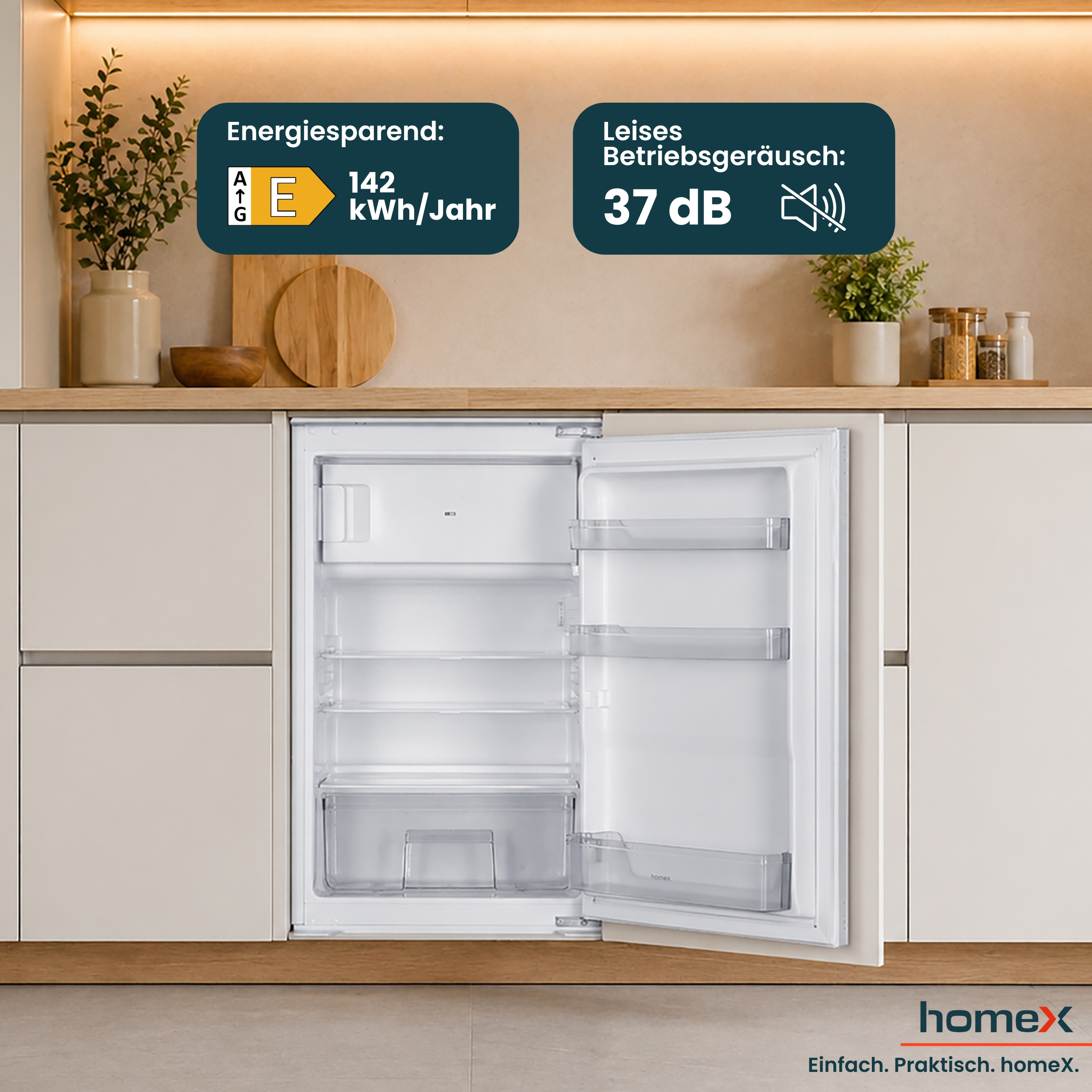 Einbaukühlschrank mit offener Tür, Energieeffizienz E, 142 kWh/Jahr, 37 dB Geräuschpegel.
