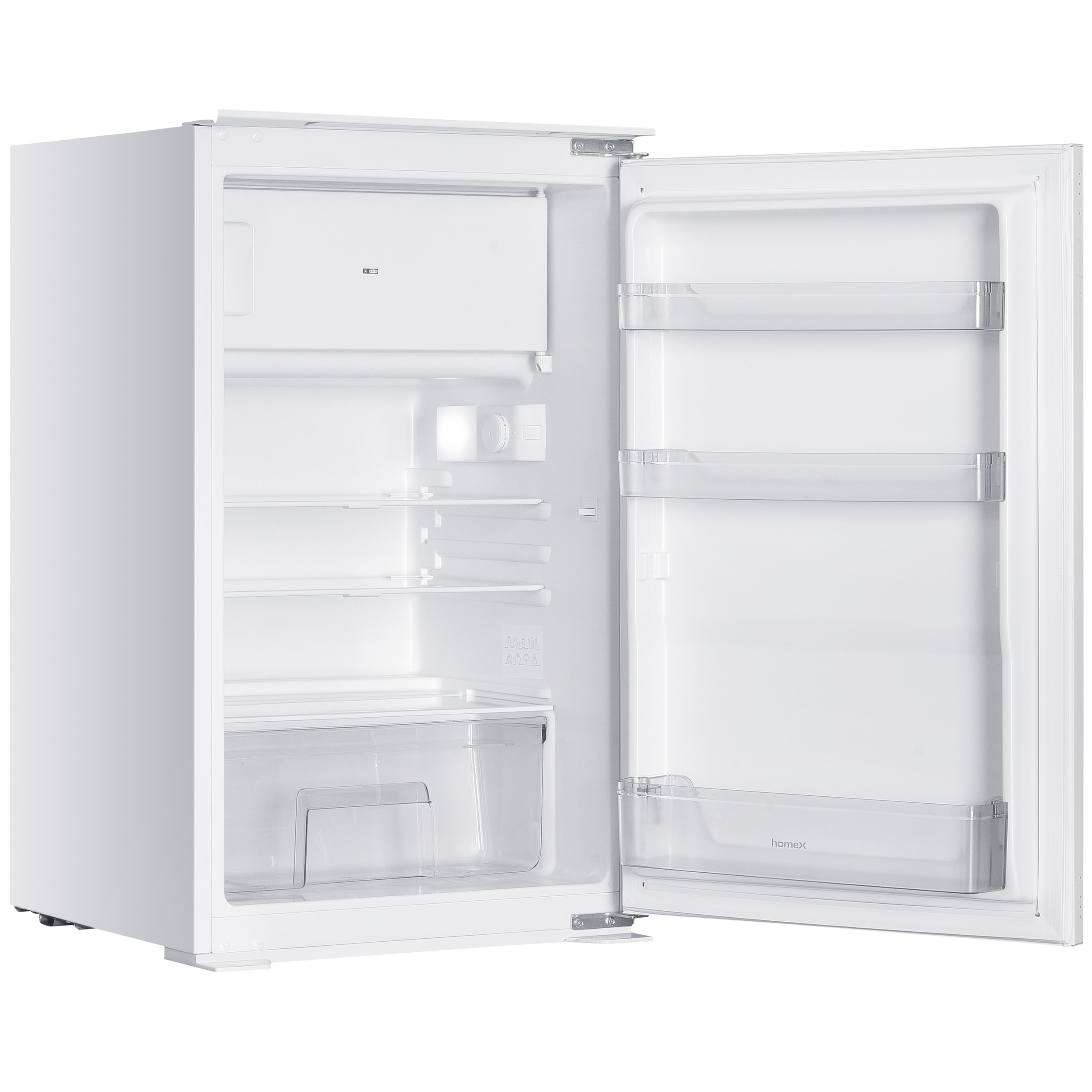 Ein weißer Kühlschrank mit offener Tür, leer und sauber.