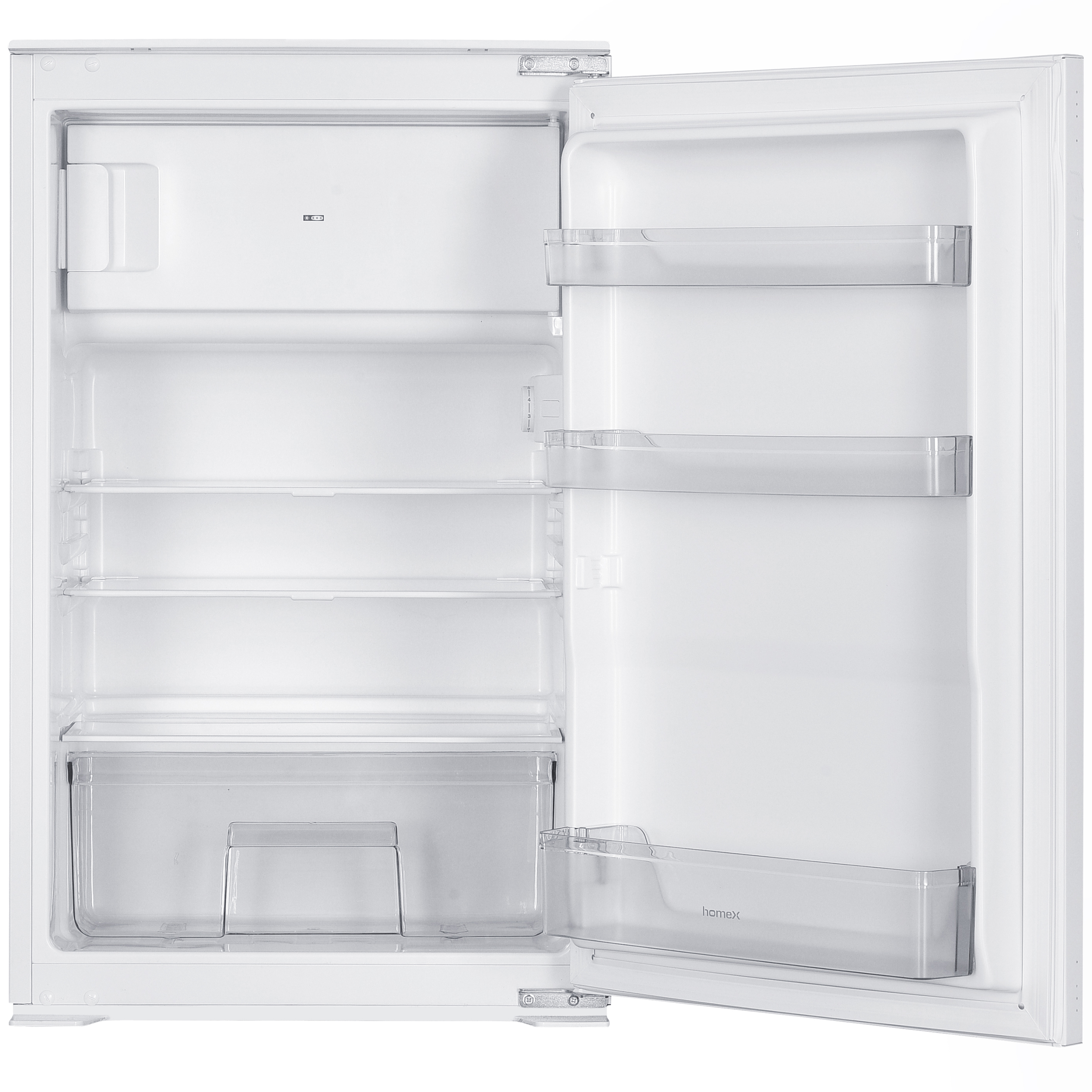 Ein leerer weißer Kühlschrank mit offener Tür und transparenten Einlegeböden.