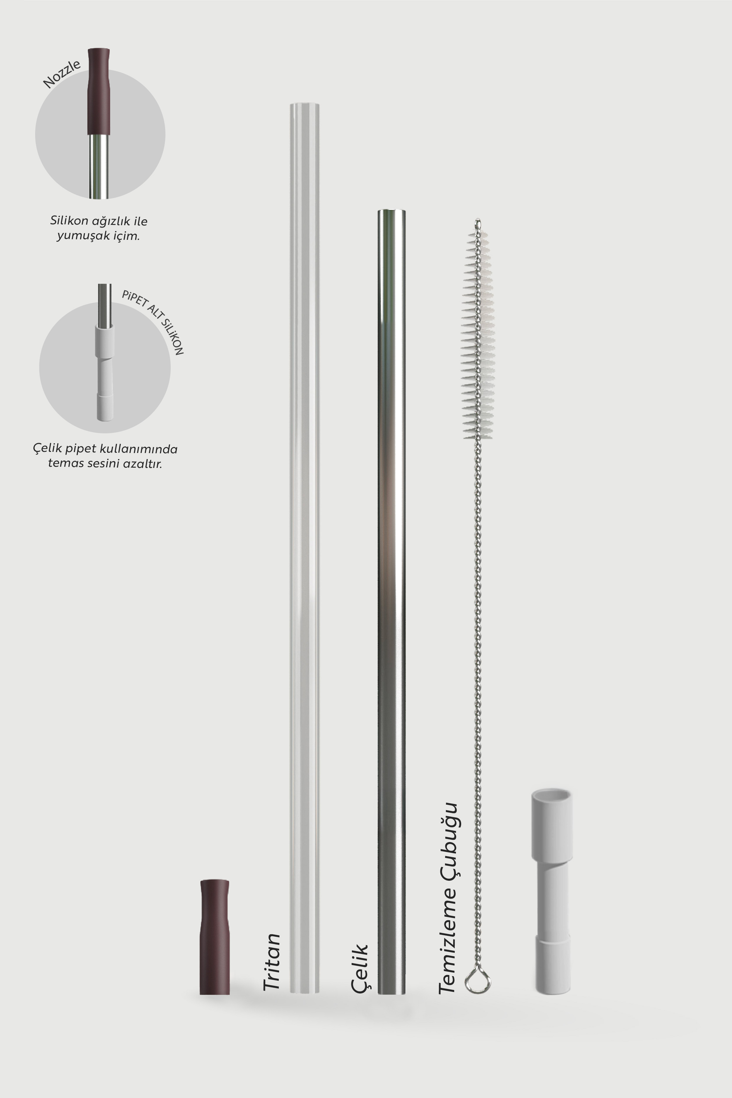 Kahverengi, gümüş ve şeffaf pipet temizleme fırçası ile birlikte.